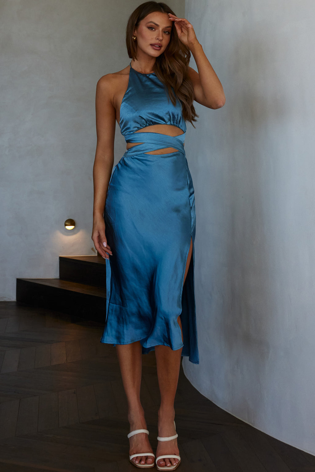 Social Butterfly Cut-Out Waist Midi Dress Midnight Blue by Selfie Leslie