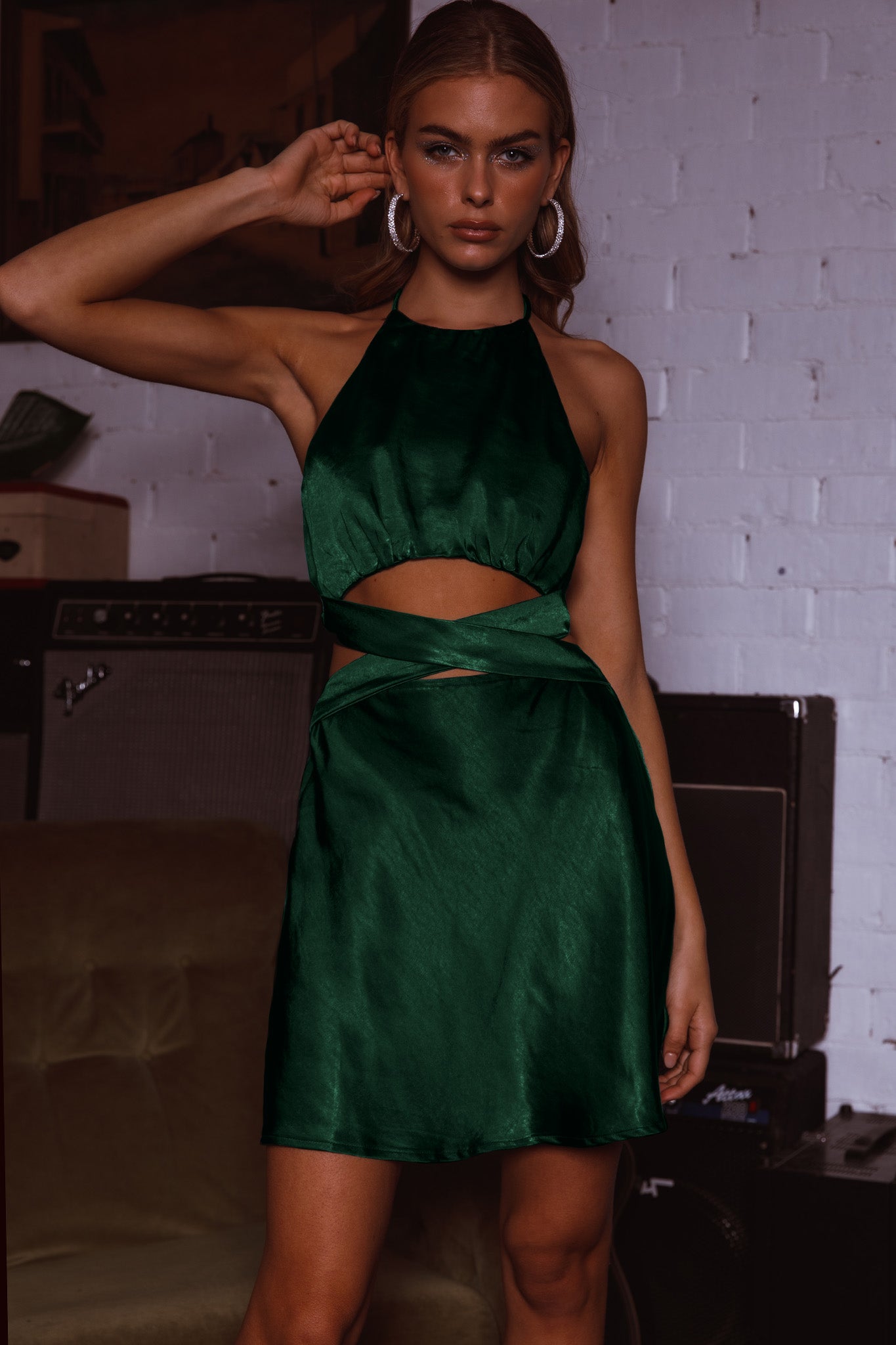 Social Butterfly Cut-Out Waist Mini Dress Forest Green by Selfie Leslie