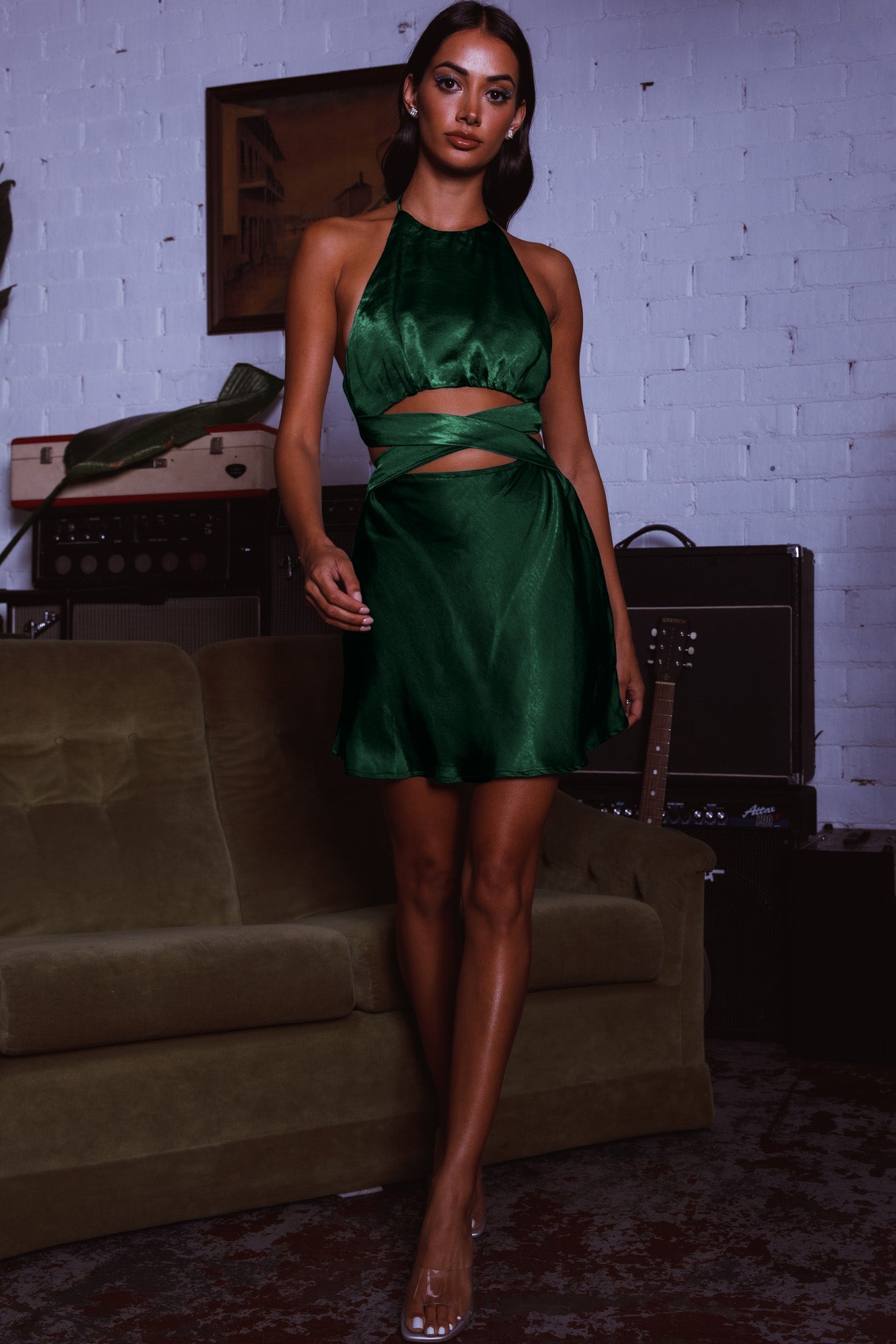 Social Butterfly Cut-Out Waist Mini Dress Forest Green by Selfie Leslie