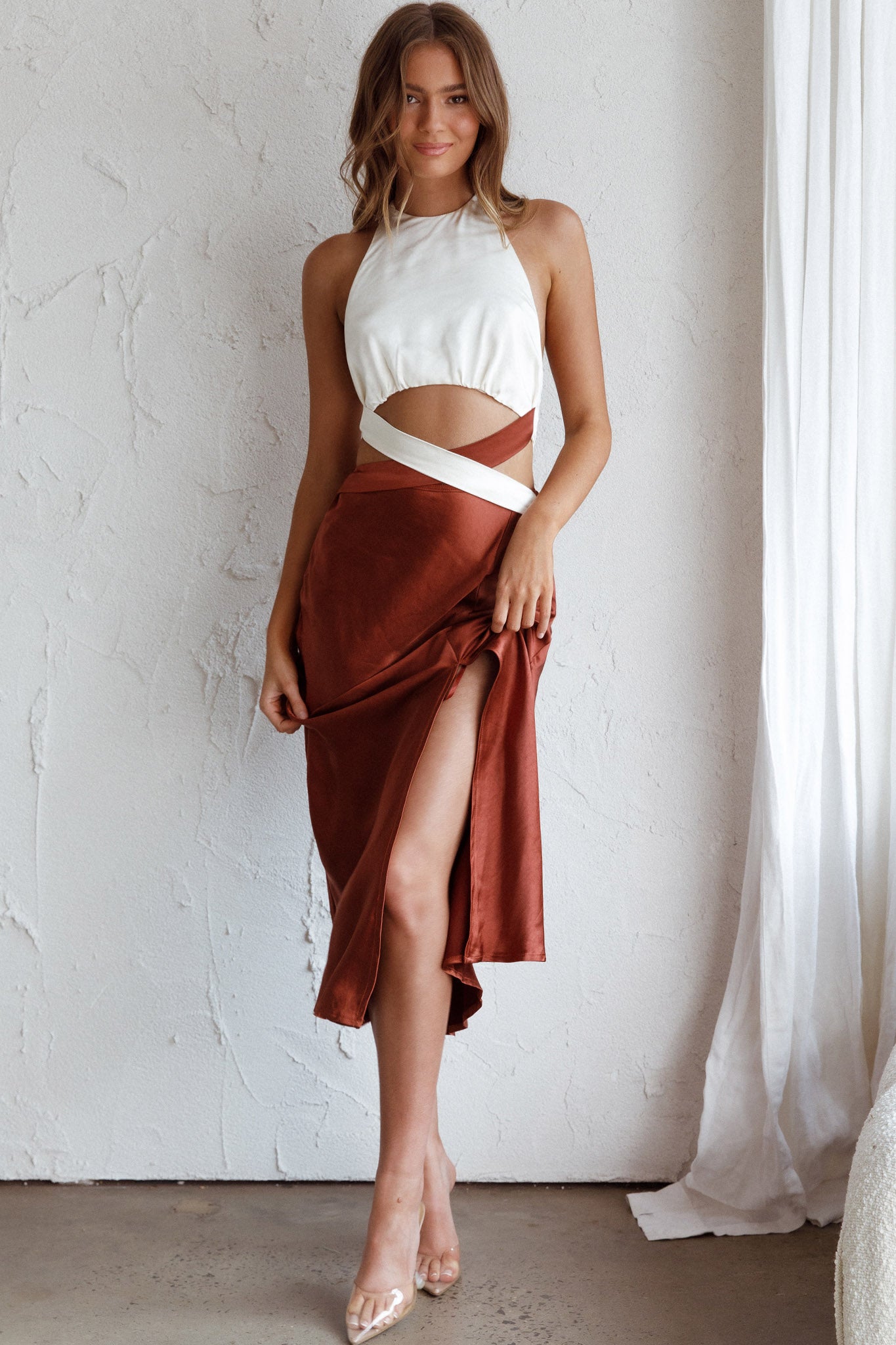 Social Butterfly Cut-Out Waist Midi Dress White Brown by Selfie Leslie