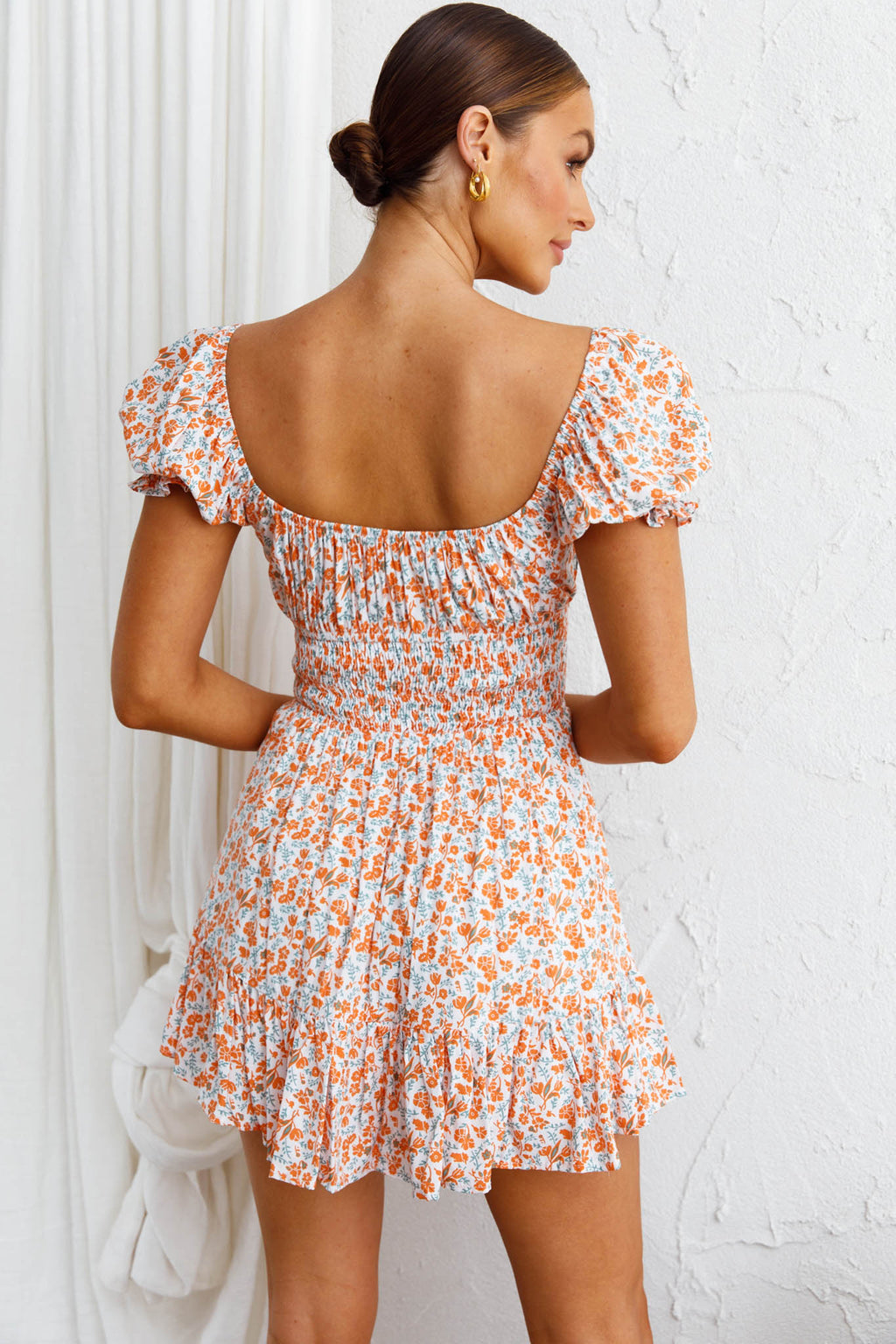 Amilie Shirred Waist Sundress Dainty Floral Orange by Selfie Leslie
