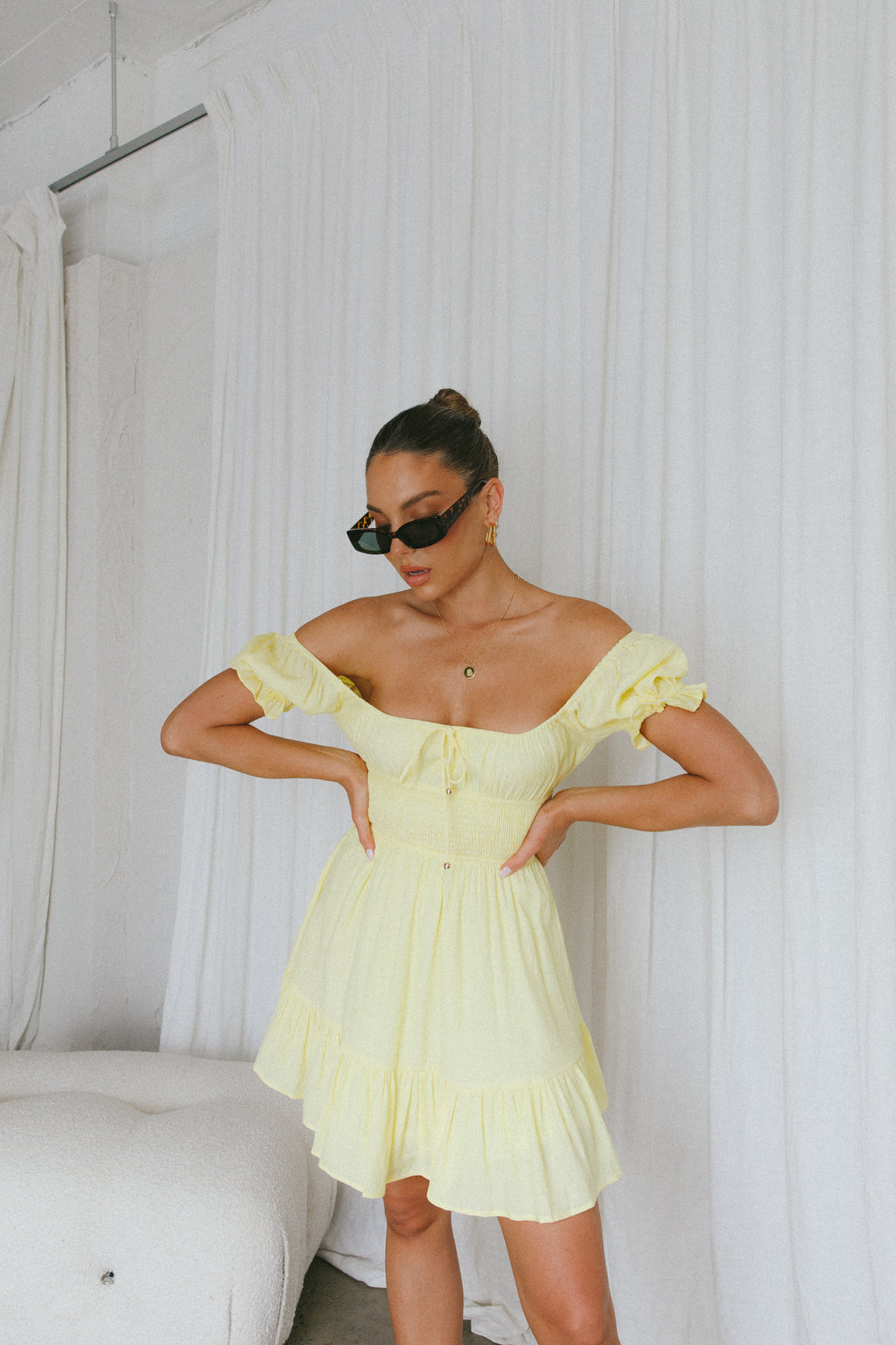 Amilie Shirred Waist Sundress Lemon by Selfie Leslie
