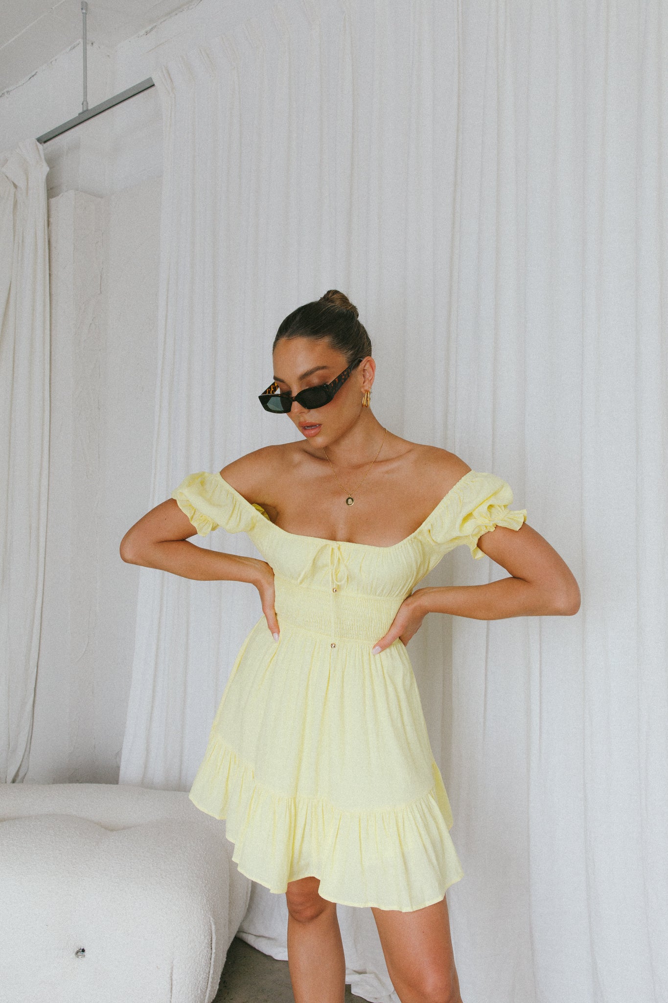 Amilie Shirred Waist Sundress Lemon by Selfie Leslie