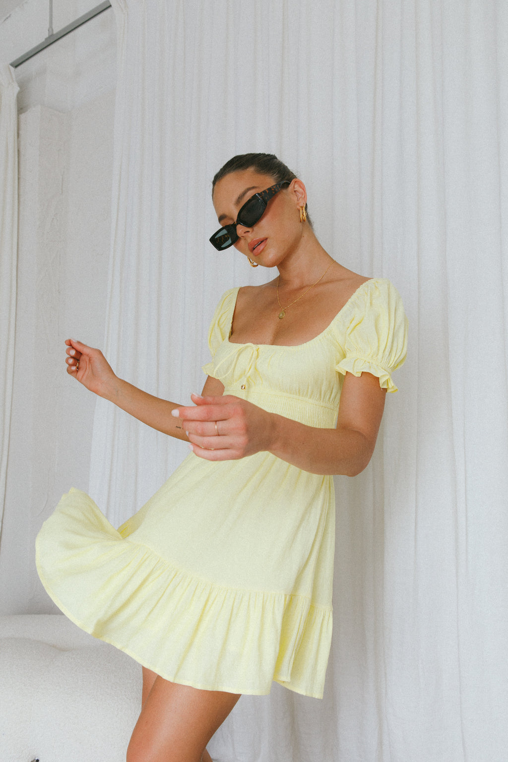 Amilie Shirred Waist Sundress Lemon by Selfie Leslie