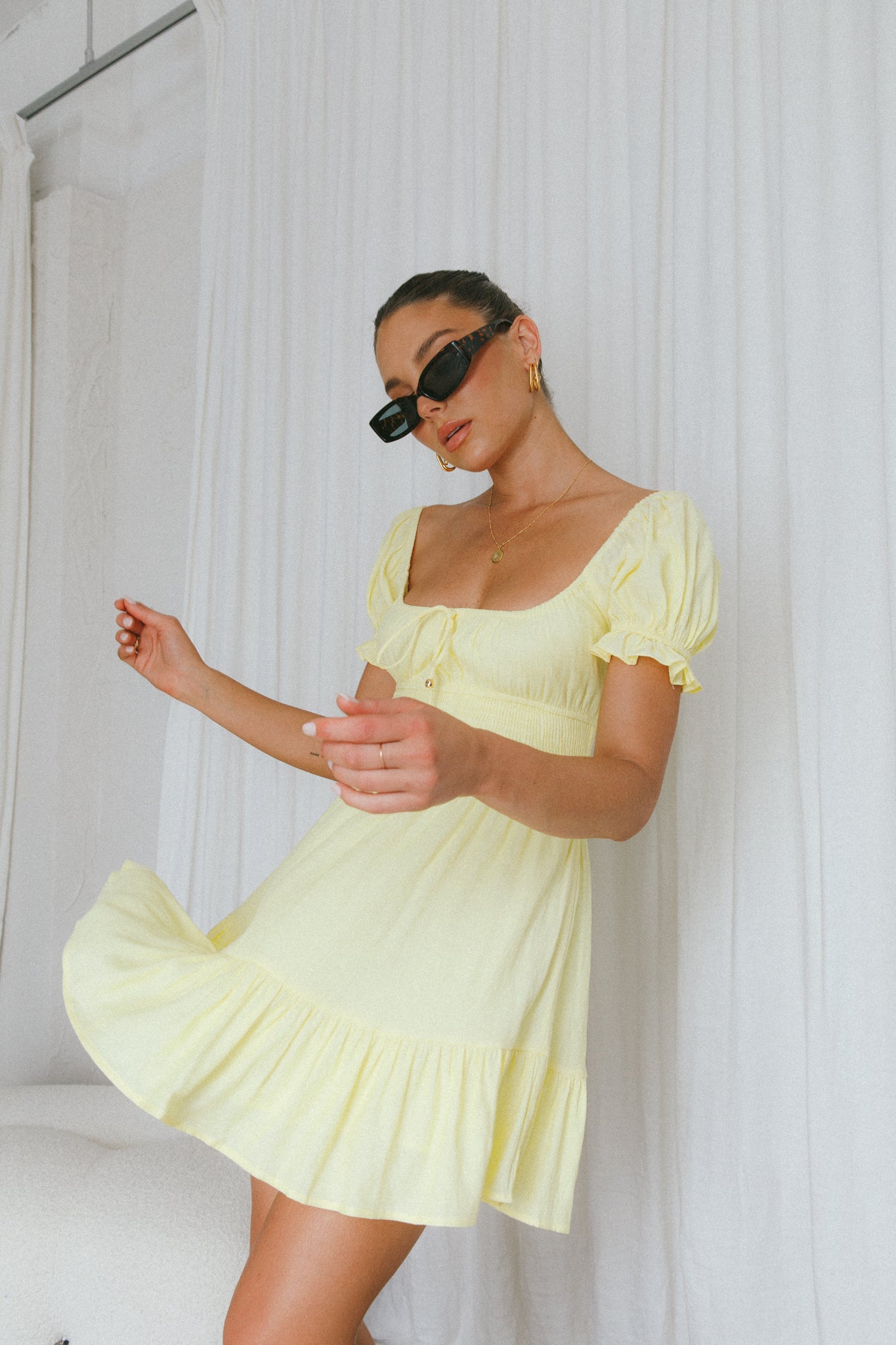 Amilie Shirred Waist Sundress Lemon by Selfie Leslie