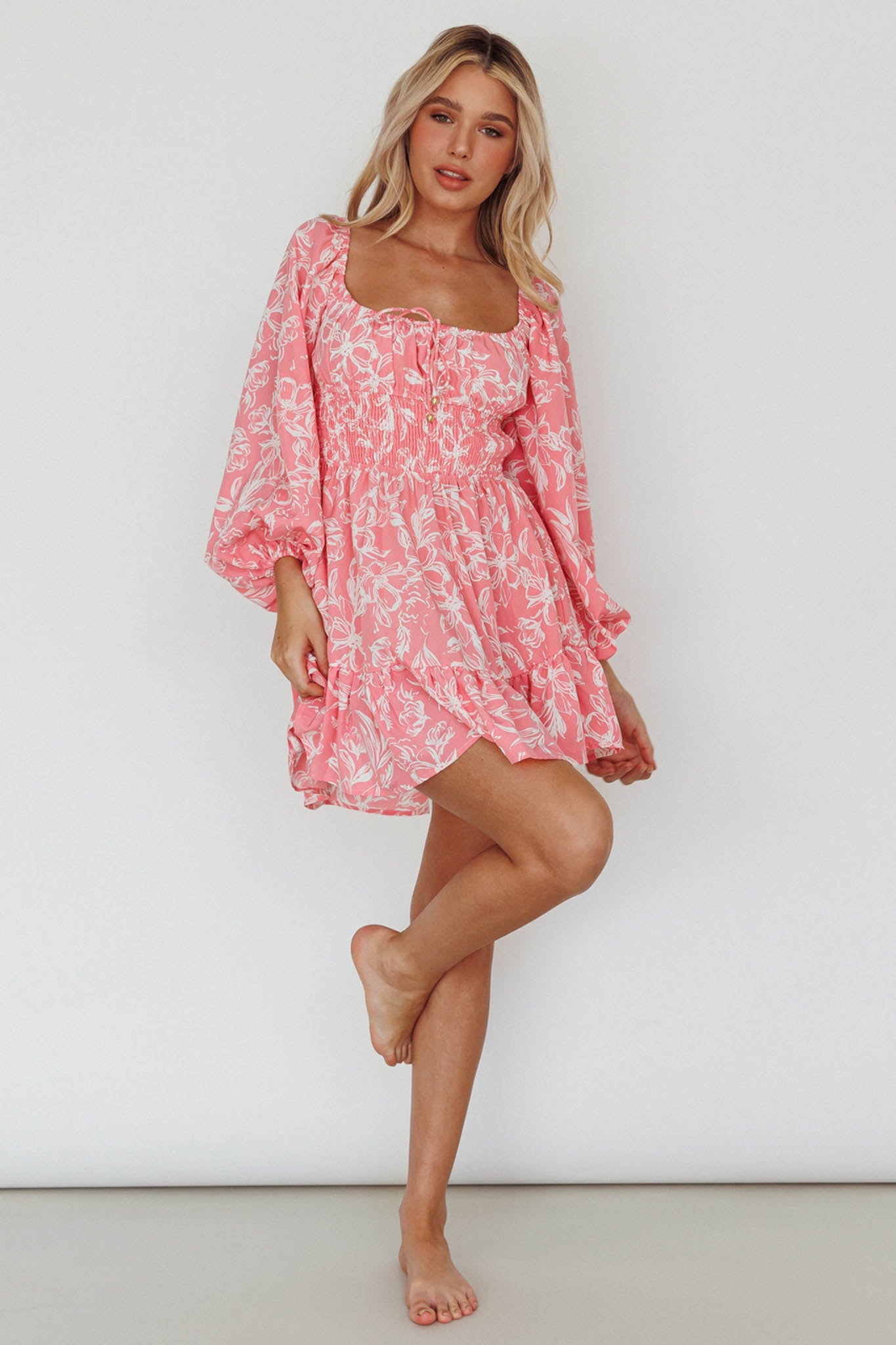 Shop the Amilie Shirred Long Sleeve Dress Floral Pink