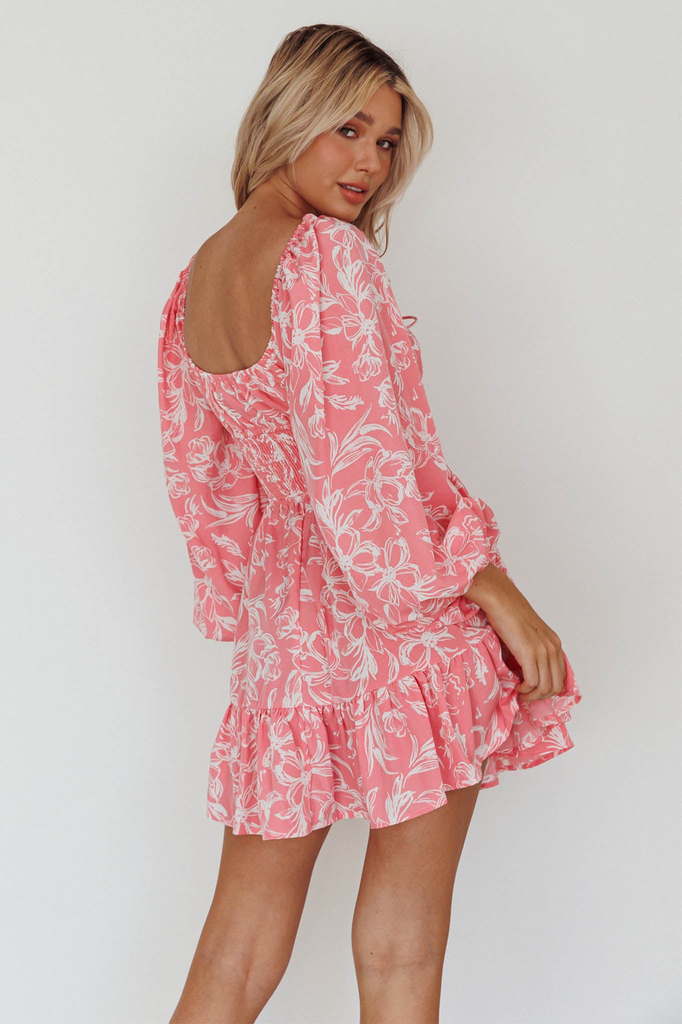 Shop the Amilie Shirred Long Sleeve Dress Floral Pink