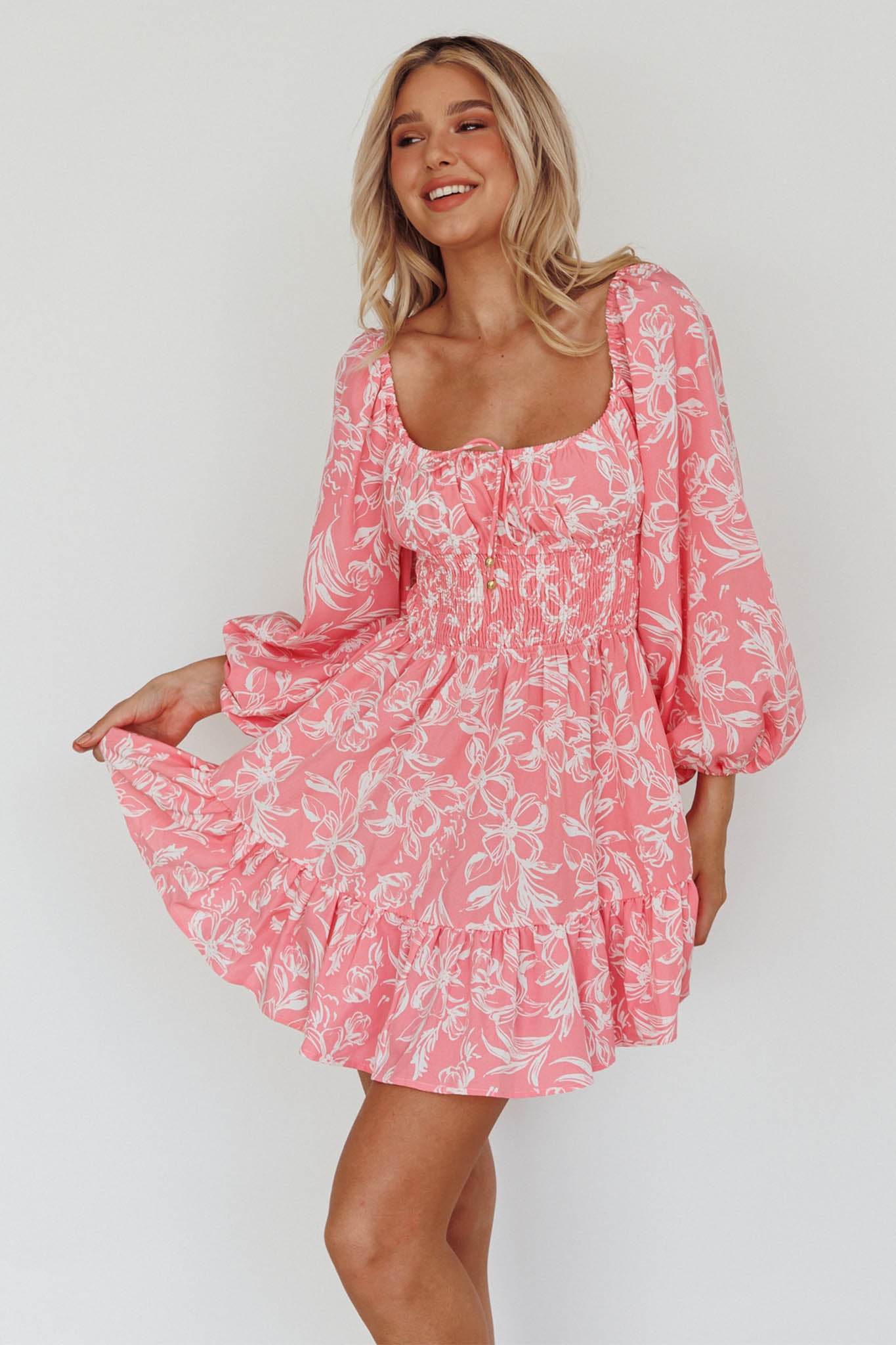 Shop the Amilie Shirred Long Sleeve Dress Floral Pink | Selfie Leslie