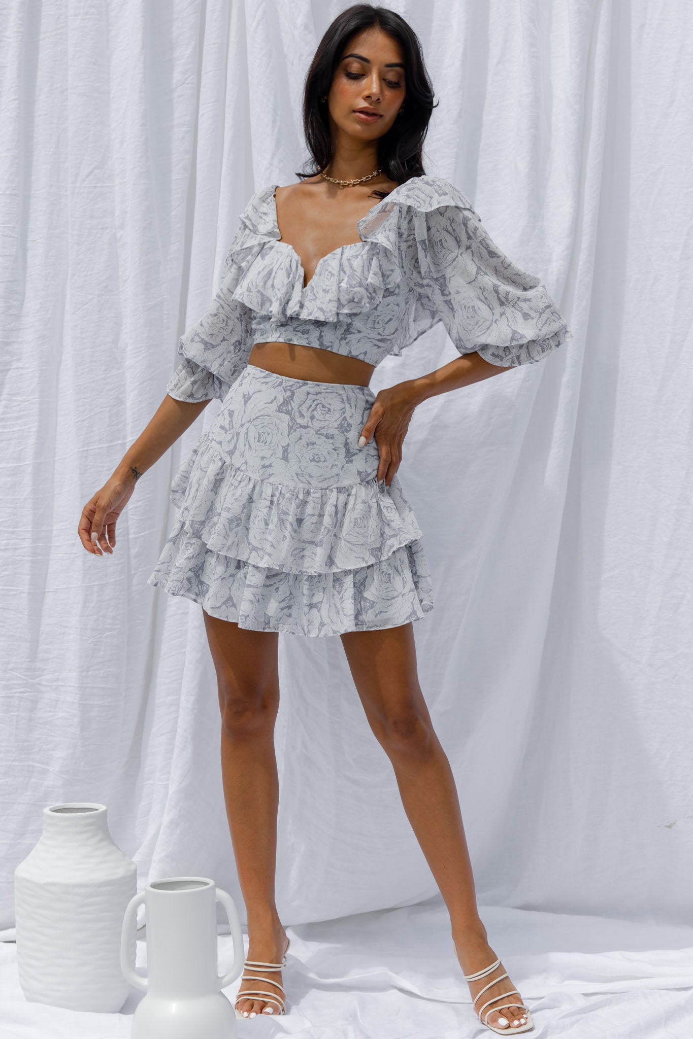 Kiss And Tell Double Layered Flounce Hem Skirt Rose Print Ink by Selfie Leslie