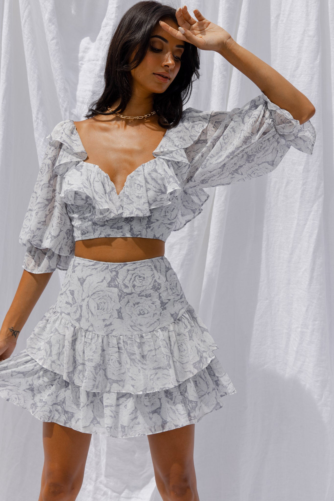 Kiss And Tell Double Layered Flounce Hem Skirt Rose Print Ink by Selfie Leslie