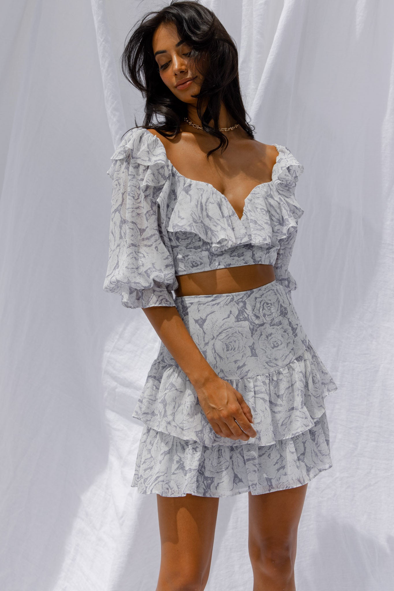 Kiss And Tell Double Layered Flounce Hem Skirt Rose Print Ink by Selfie Leslie