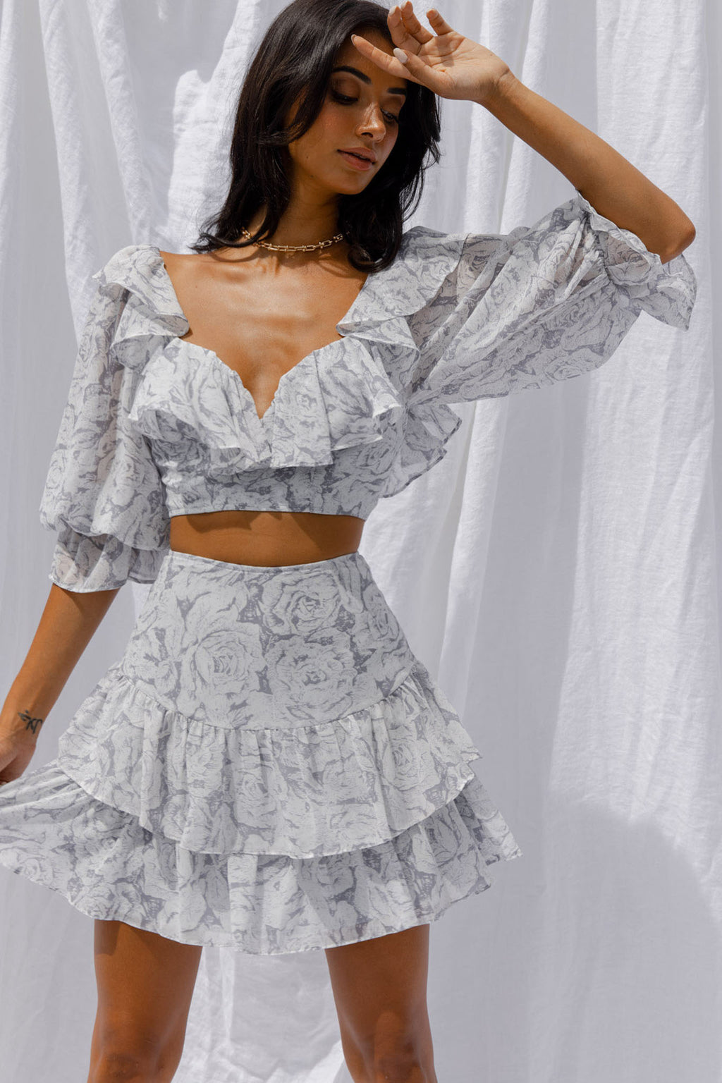 Kiss And Tell Ruffle Trim Balloon Sleeve Crop Top Rose Print Ink by Selfie Leslie