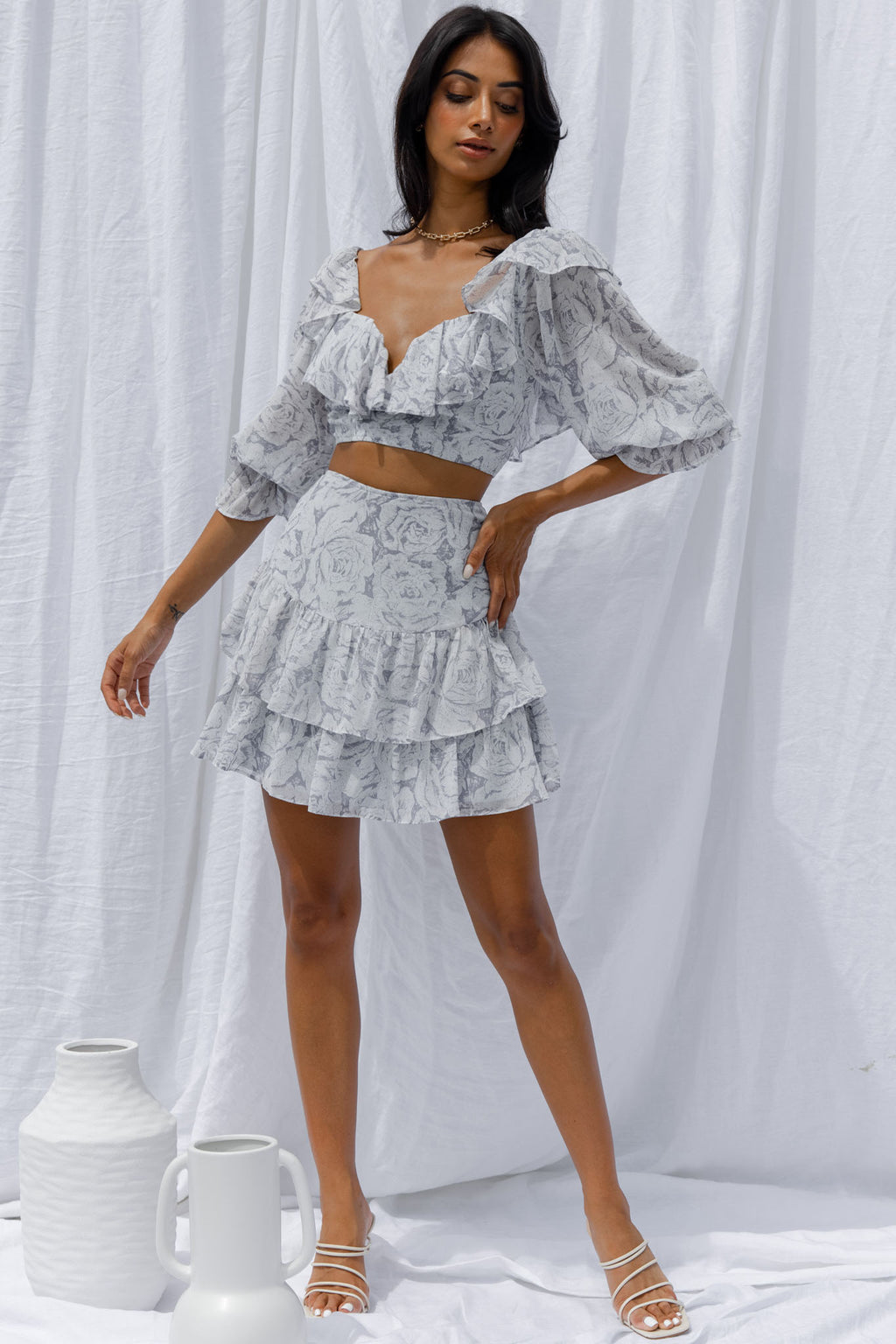 Kiss And Tell Ruffle Trim Balloon Sleeve Crop Top Rose Print Ink by Selfie Leslie