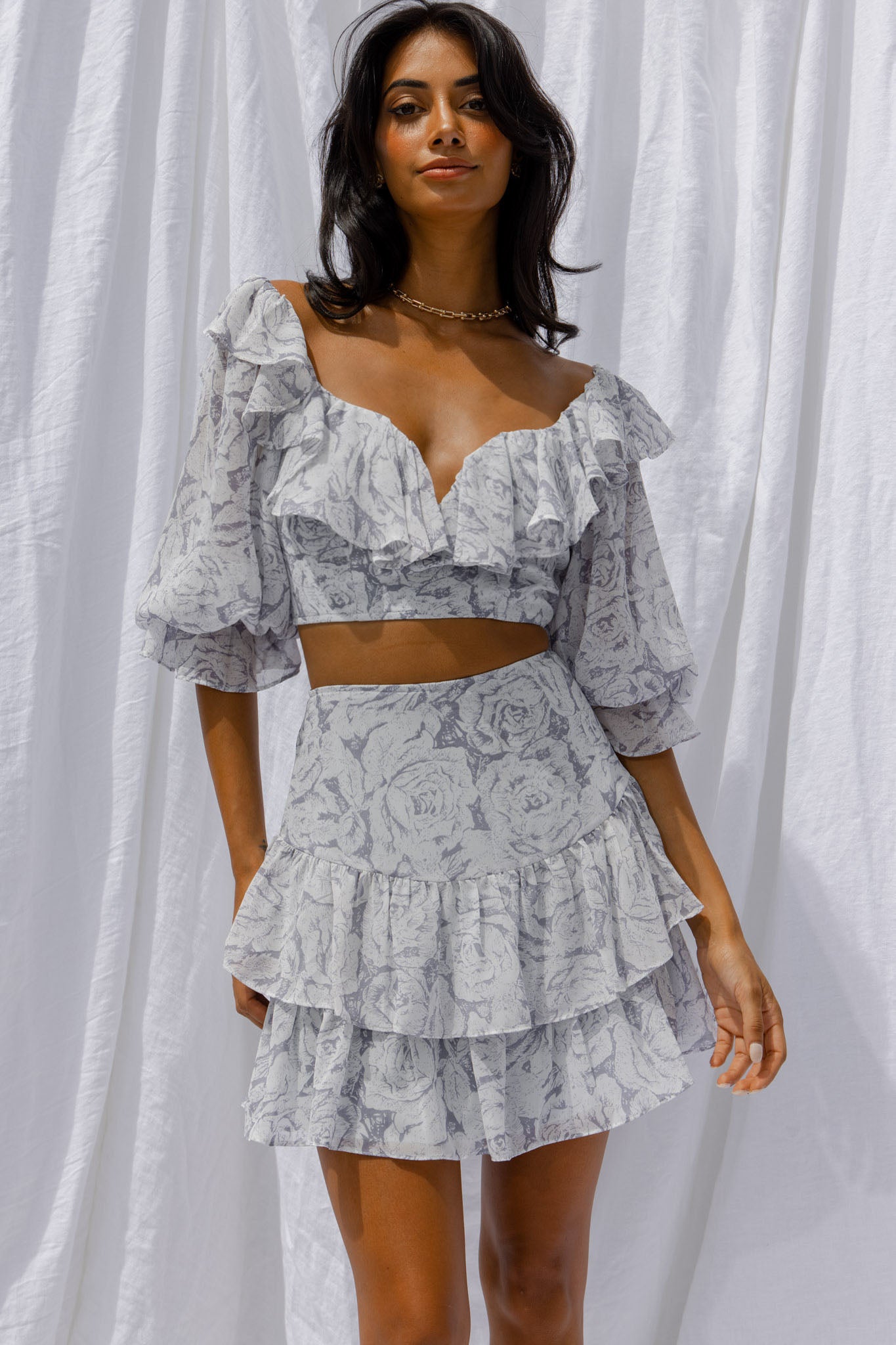 Kiss And Tell Ruffle Trim Balloon Sleeve Crop Top Rose Print Ink by Selfie Leslie