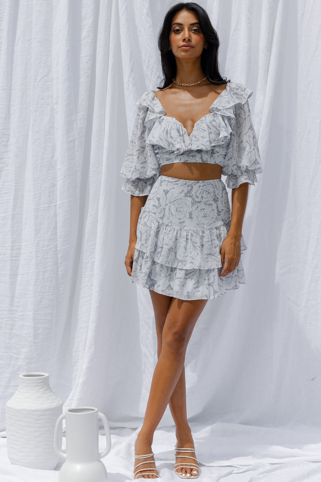 Kiss And Tell Ruffle Trim Balloon Sleeve Crop Top Rose Print Ink by Selfie Leslie