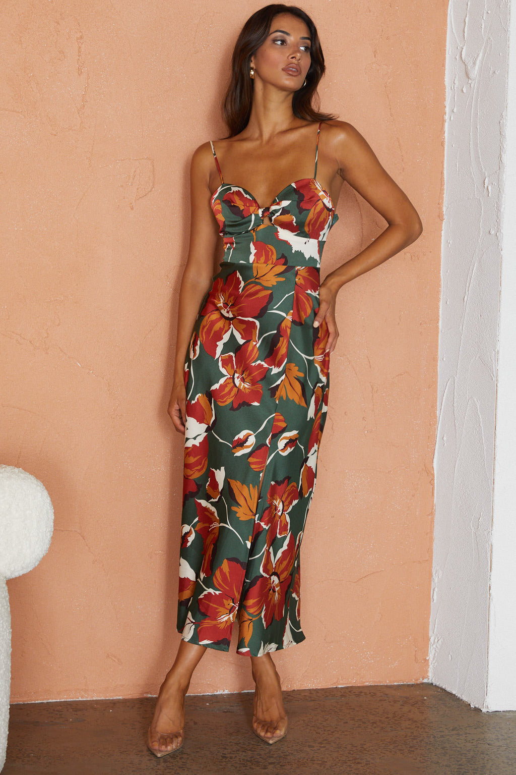 Missoula Cami Strap Padded Bust Midi Dress Floral Print Green by Selfie Leslie