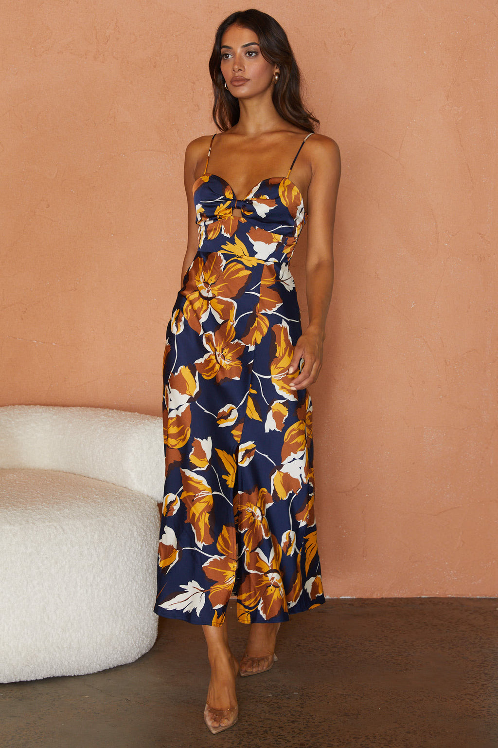 Missoula Cami Strap Padded Bust Midi Dress Floral Print Navy by Selfie Leslie