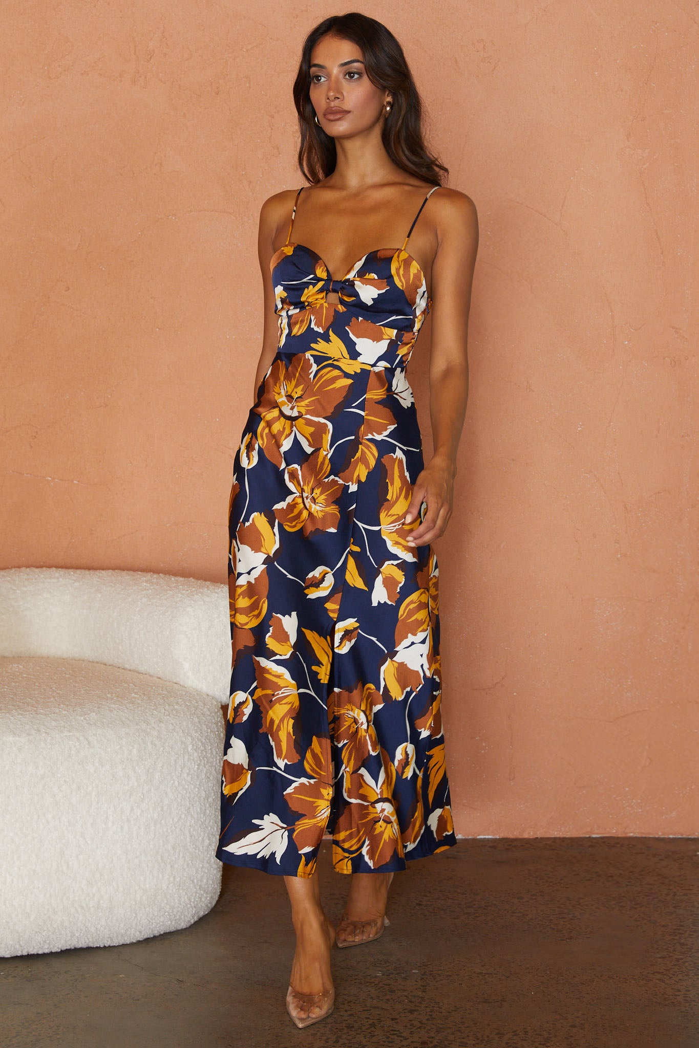 navy blue floral midi dress Naomi Jersey Midi Dress-French Navy, Shadow Blossom main image 1