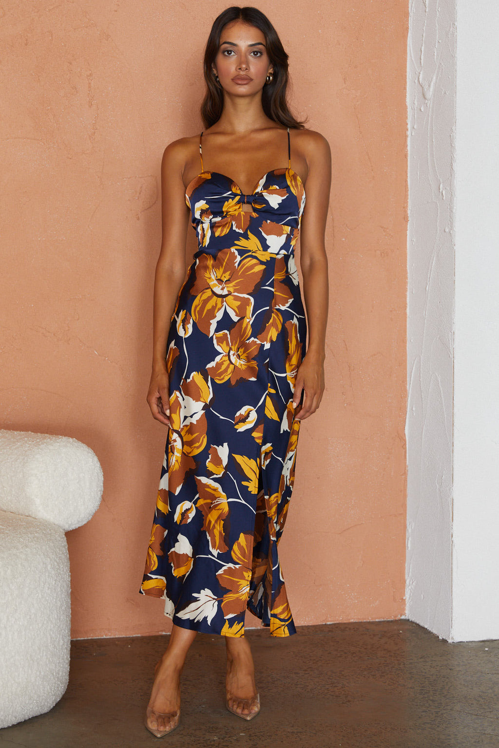Missoula Cami Strap Padded Bust Midi Dress Floral Print Navy by Selfie Leslie