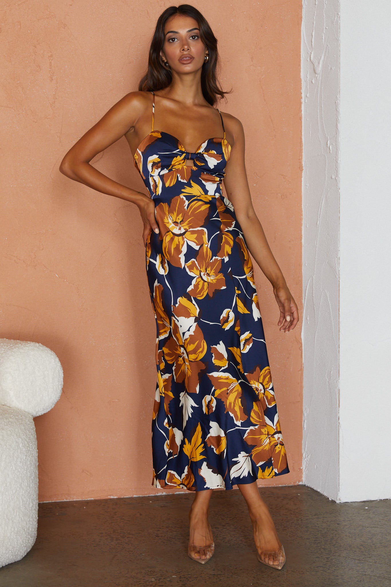 Missoula Cami Strap Padded Bust Midi Dress Floral Print Navy by Selfie Leslie