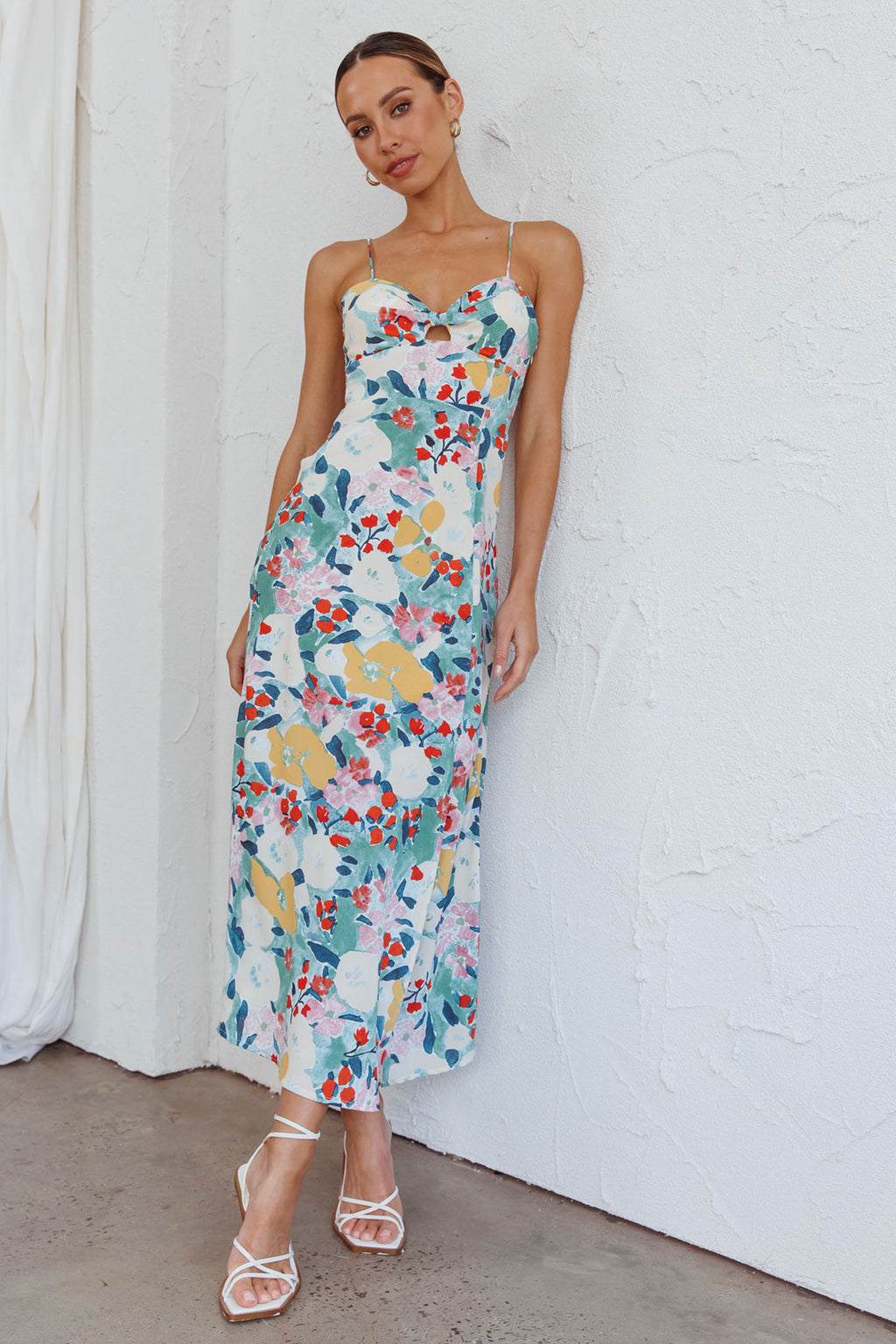 Missoula Cami Strap Padded Bust Midi Dress Flower Print Green by Selfie Leslie