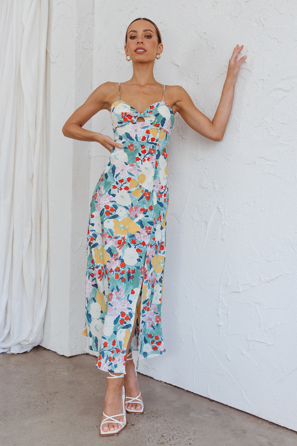 Missoula Cami Strap Padded Bust Midi Dress Flower Print Green by Selfie Leslie