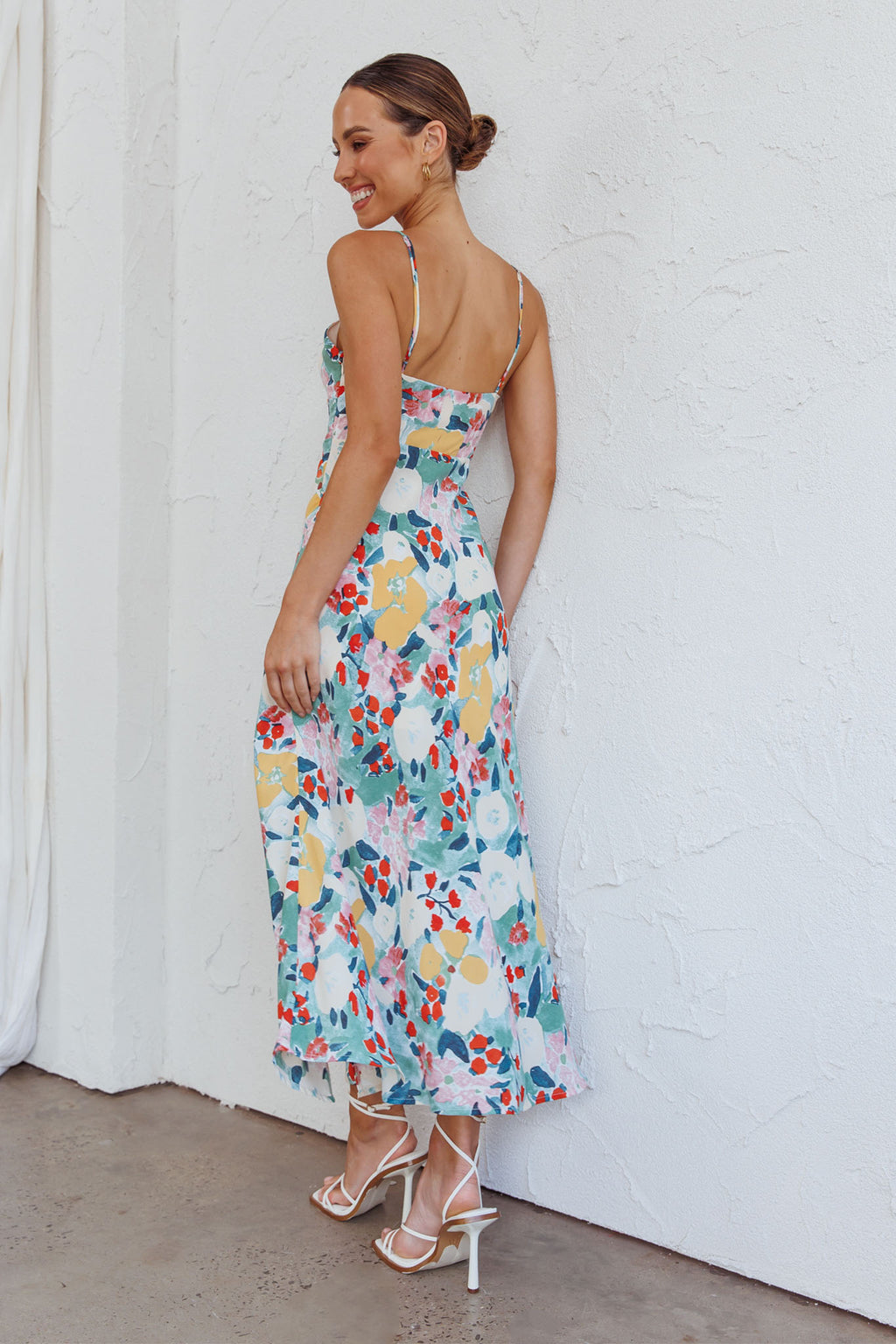 Missoula Cami Strap Padded Bust Midi Dress Flower Print Green by Selfie Leslie