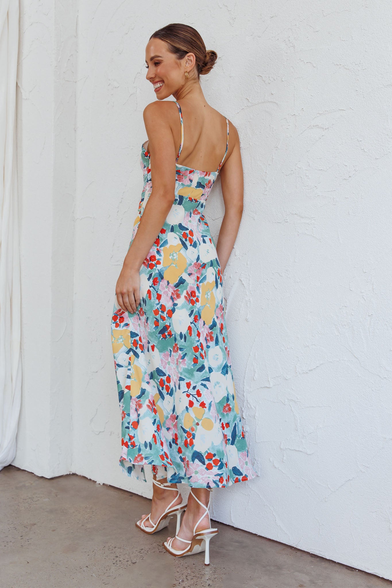 Missoula Cami Strap Padded Bust Midi Dress Flower Print Green by Selfie Leslie