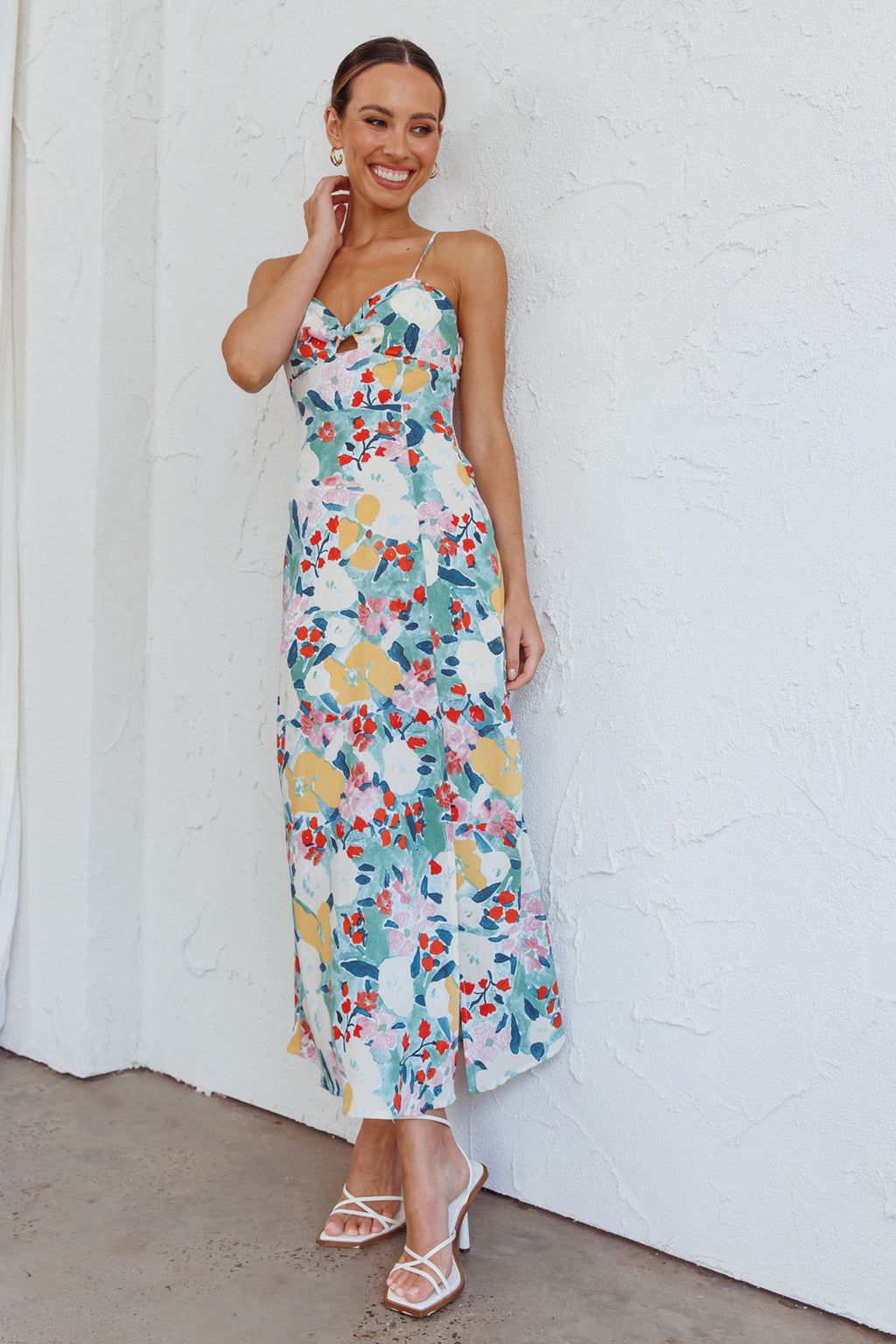 Missoula Cami Strap Padded Bust Midi Dress Flower Print Green by Selfie Leslie
