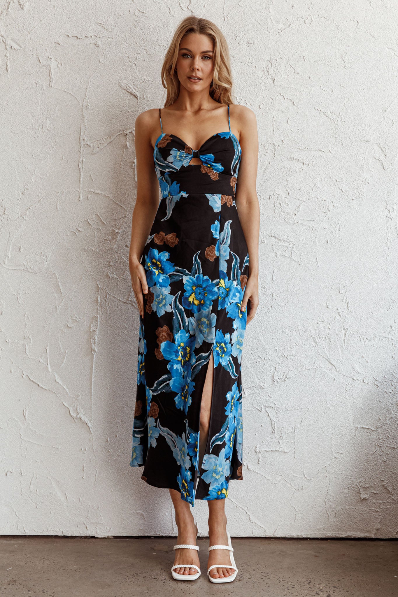 Missoula Cami Strap Padded Bust Midi Dress Flower Blue by Selfie Leslie
