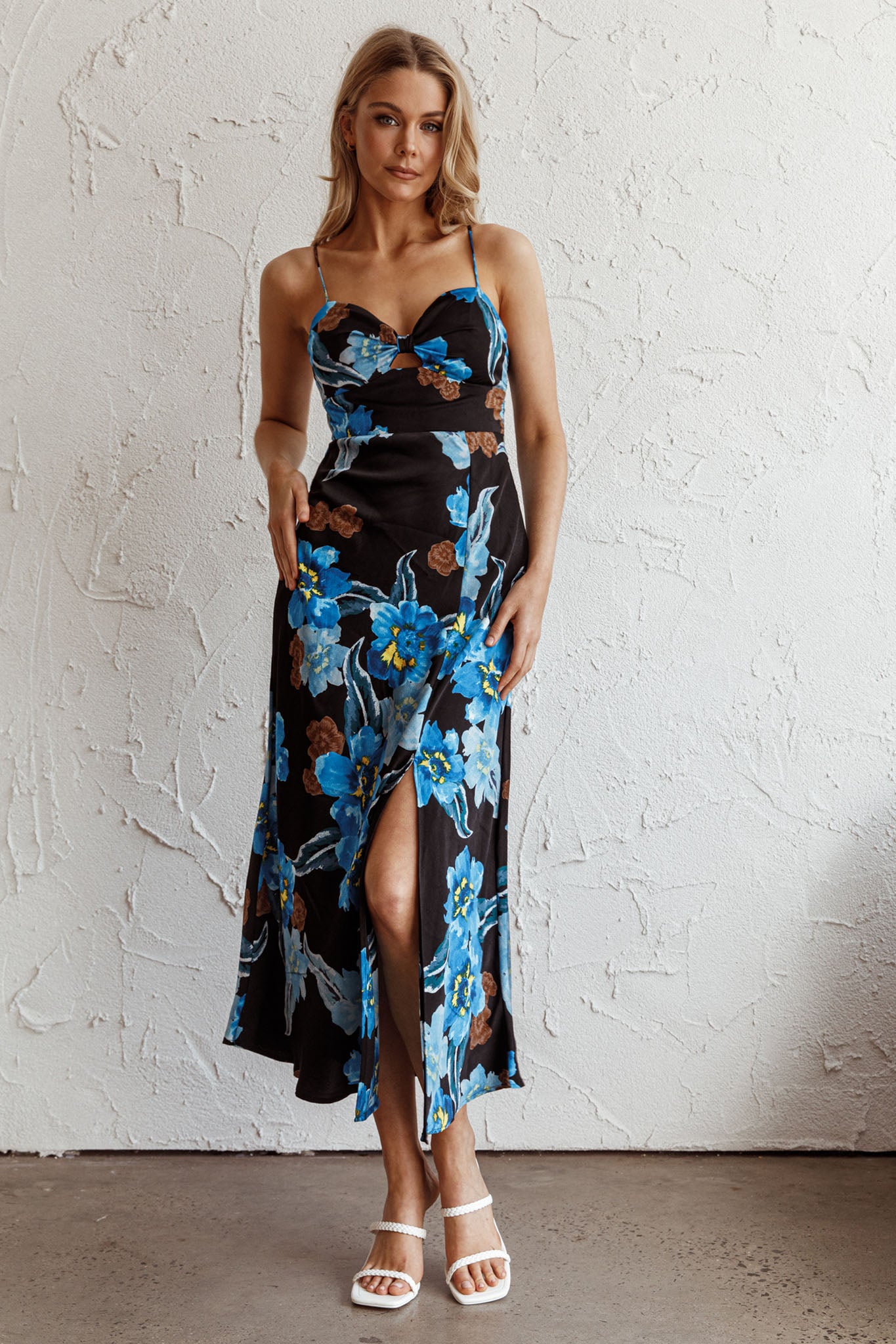 Missoula Cami Strap Padded Bust Midi Dress Flower Blue by Selfie Leslie