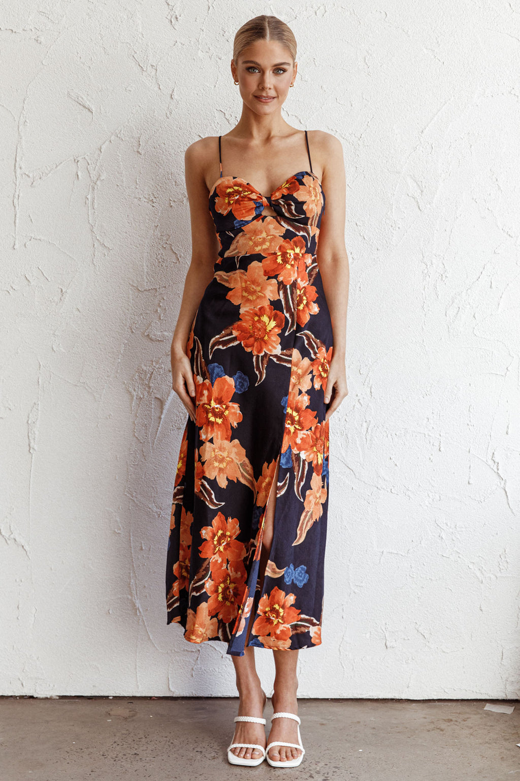 Missoula Cami Strap Padded Bust Midi Dress Flower Orange by Selfie Leslie