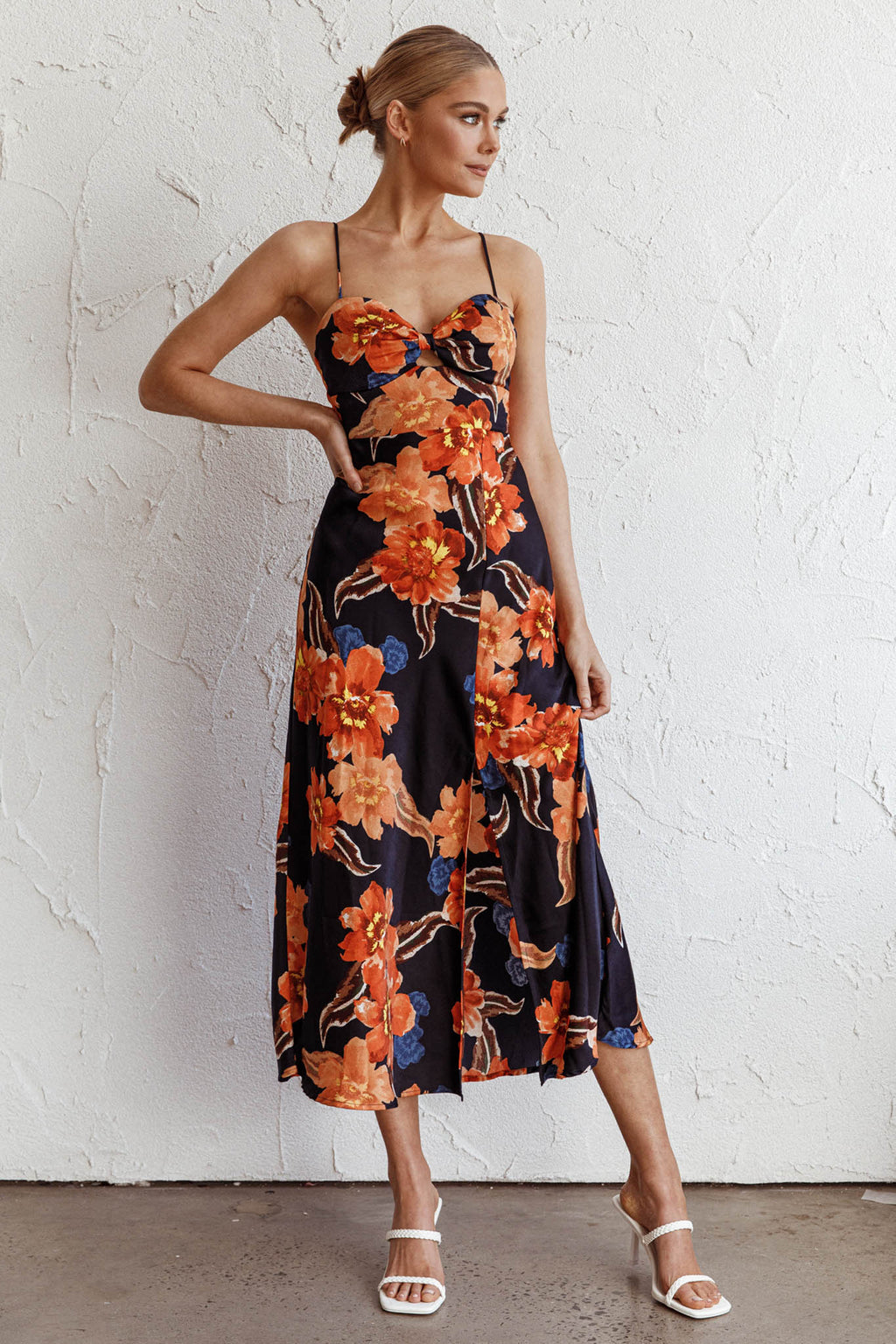 Missoula Cami Strap Padded Bust Midi Dress Flower Orange by Selfie Leslie