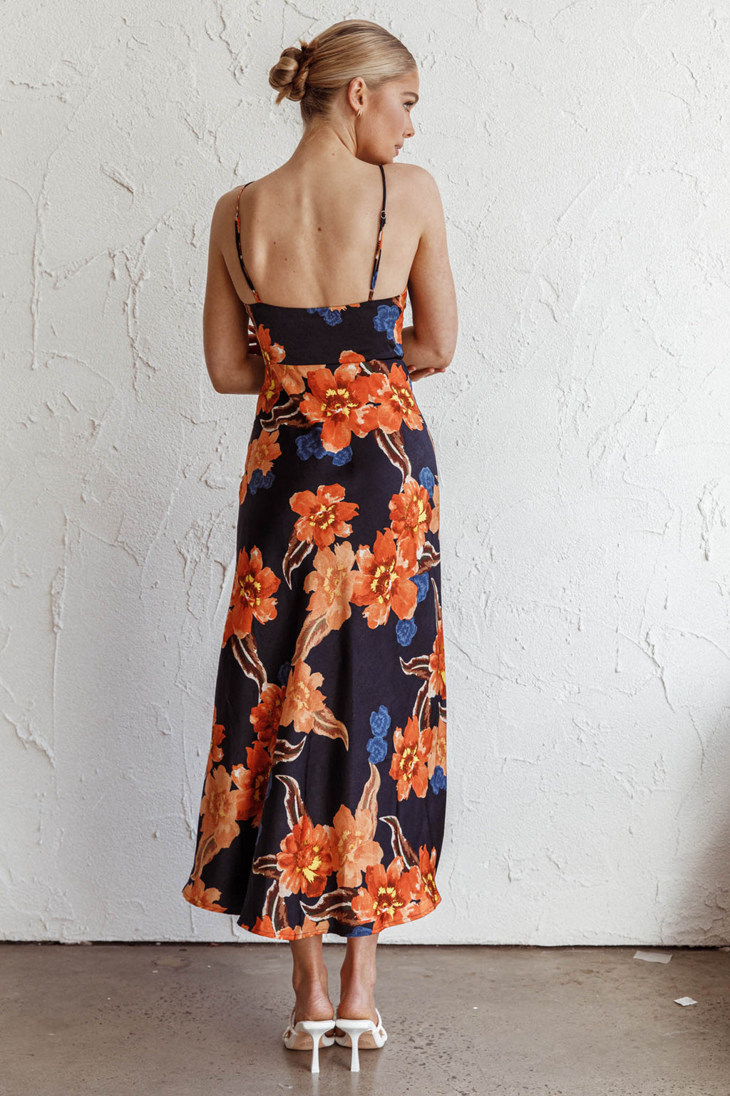 Missoula Cami Strap Padded Bust Midi Dress Flower Orange by Selfie Leslie