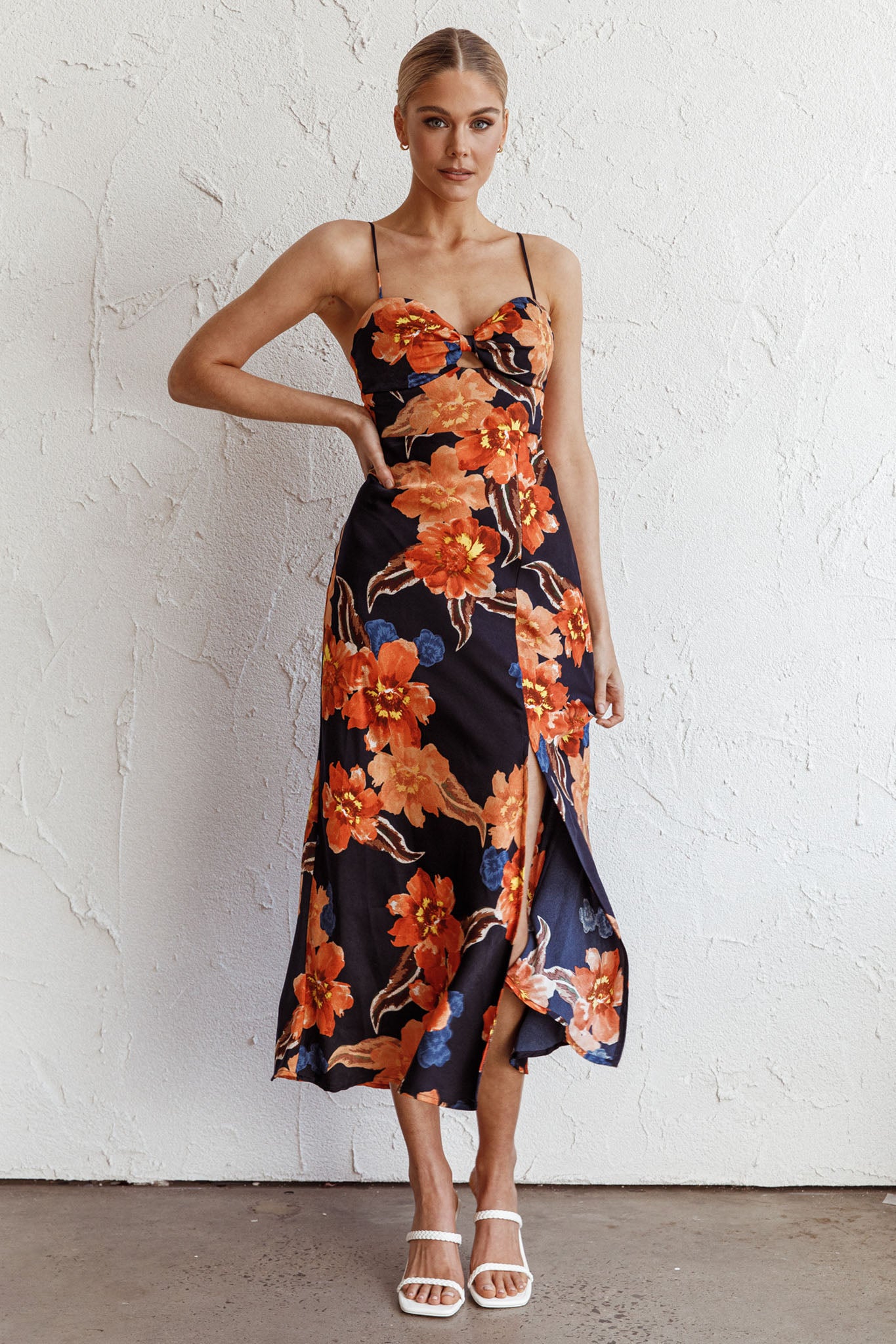 Missoula Cami Strap Padded Bust Midi Dress Flower Orange by Selfie Leslie