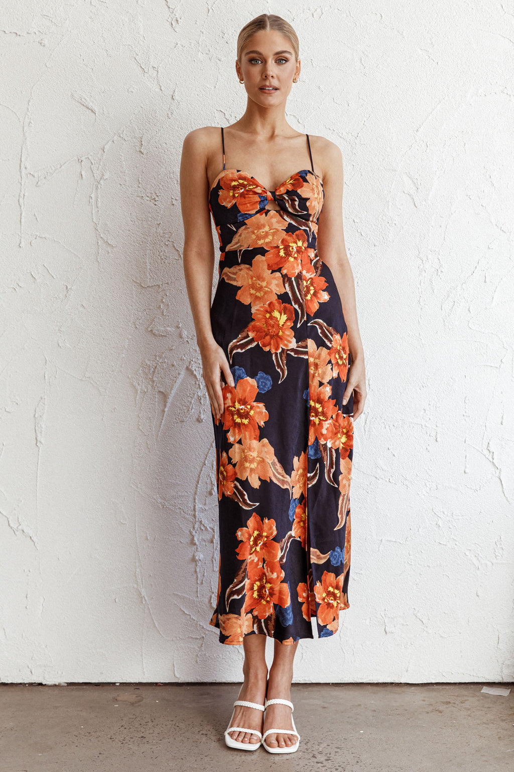 Missoula Cami Strap Padded Bust Midi Dress Flower Orange by Selfie Leslie