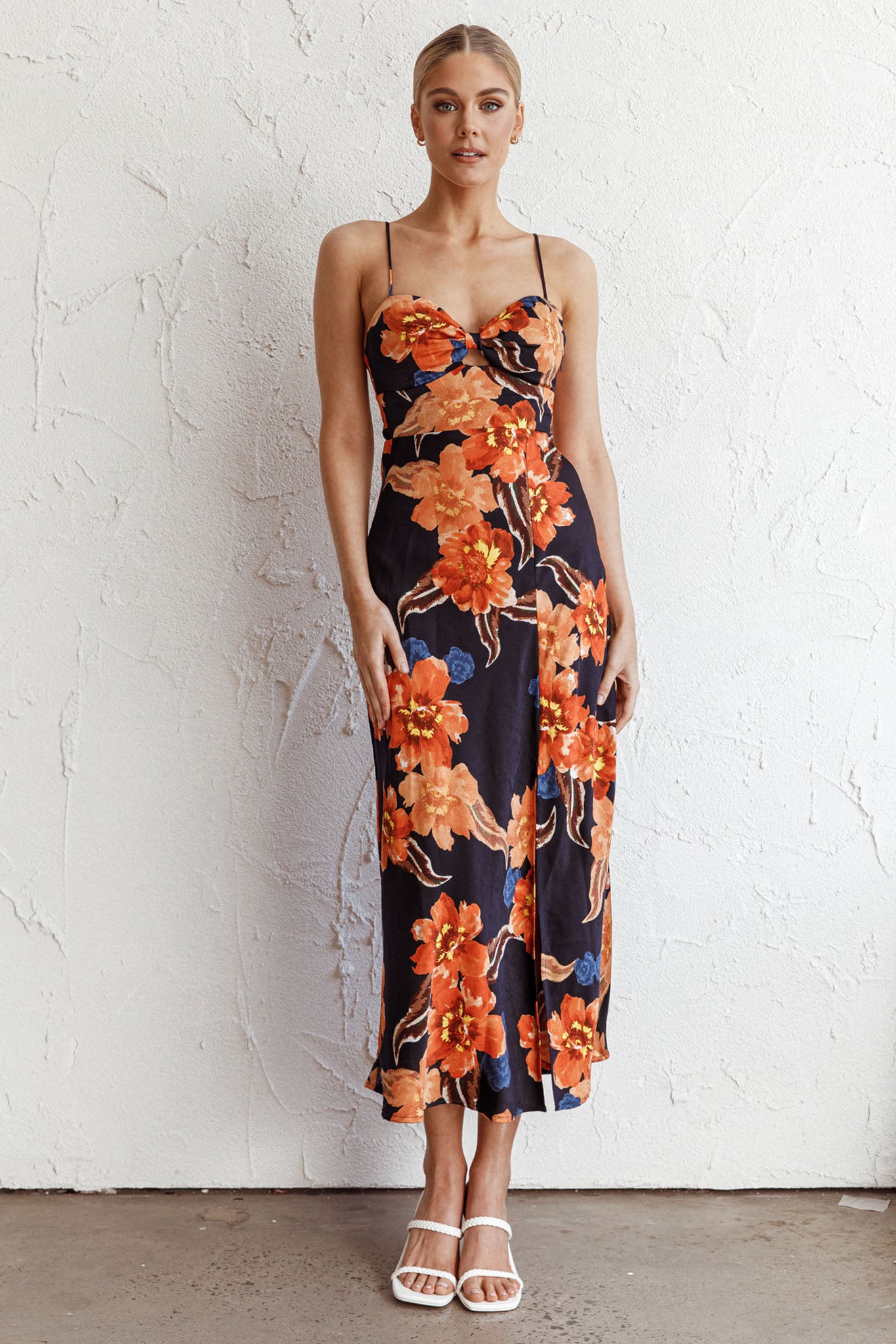 Missoula Cami Strap Padded Bust Midi Dress Flower Orange by Selfie Leslie