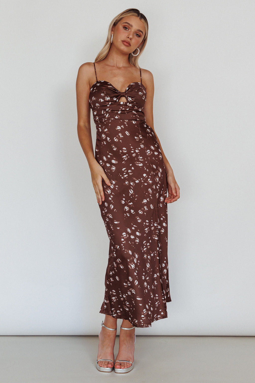 Missoula Cami Strap Padded Bust Midi Dress Printed Brown by Selfie Leslie