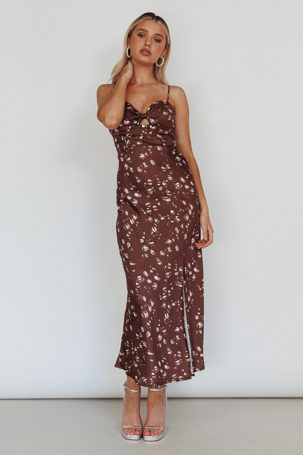 Missoula Cami Strap Padded Bust Midi Dress Printed Brown by Selfie Leslie