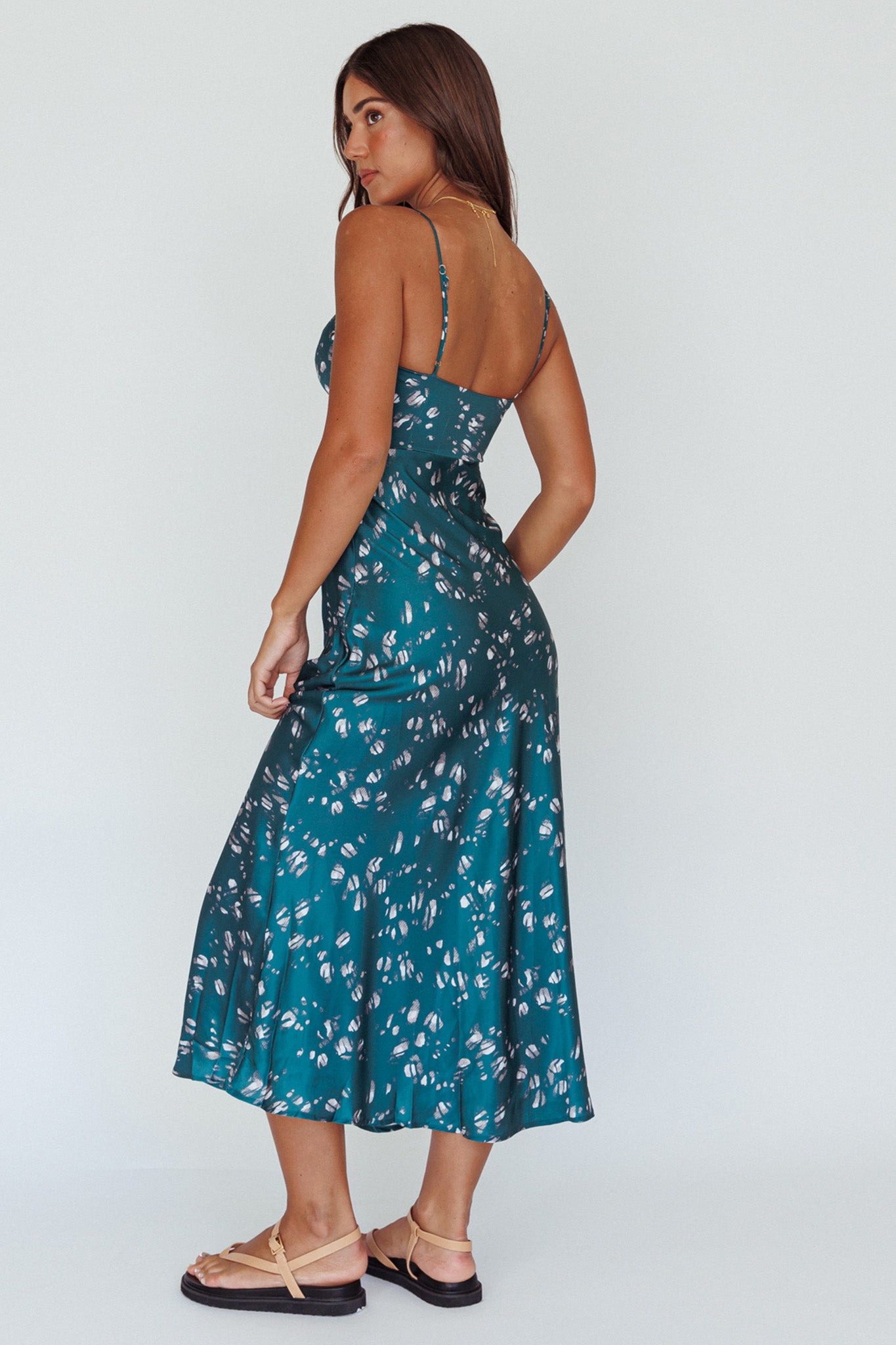Missoula Cami Strap Padded Bust Midi Dress Printed Green by Selfie Leslie