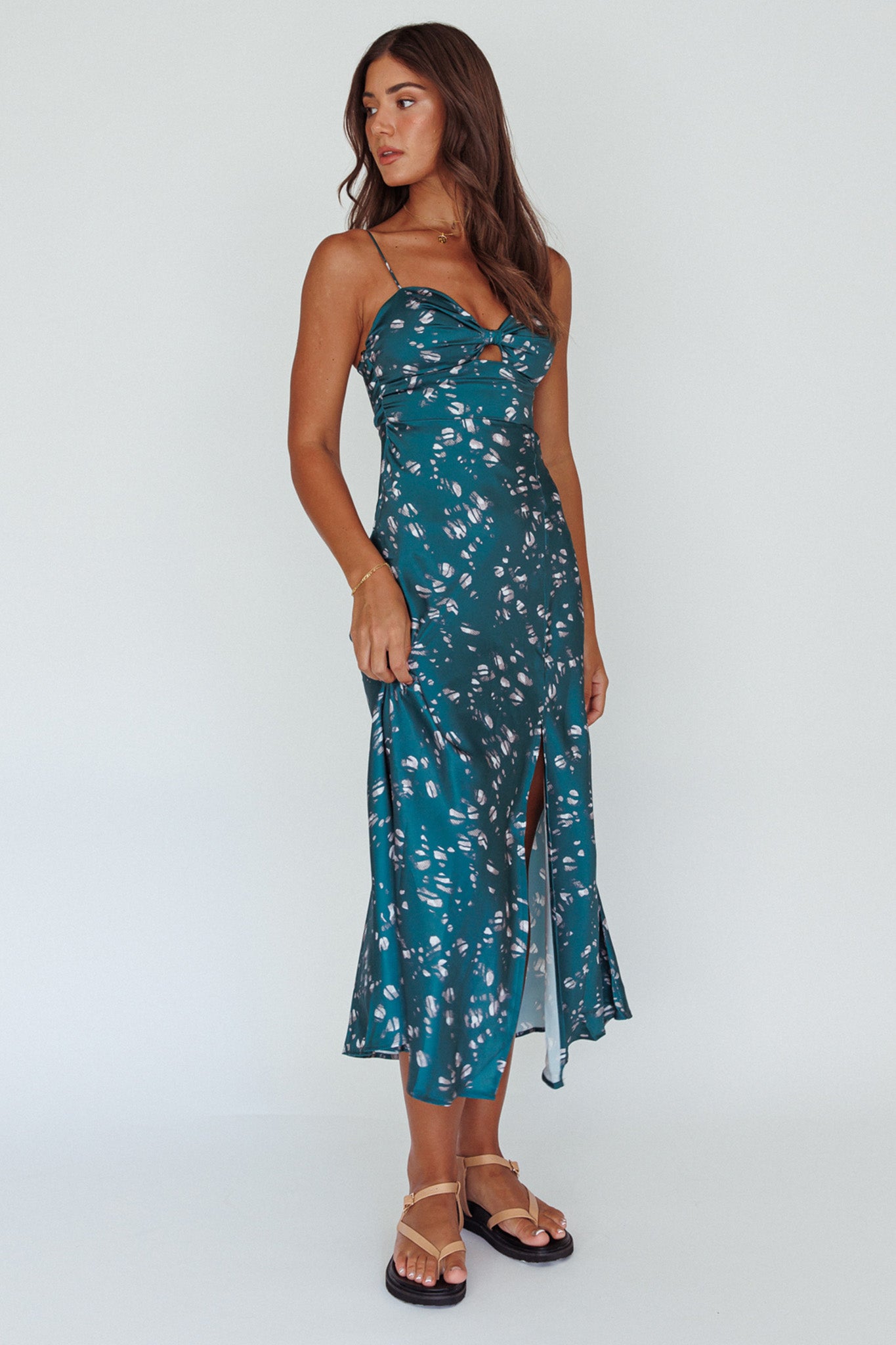 Missoula Cami Strap Padded Bust Midi Dress Printed Green by Selfie Leslie
