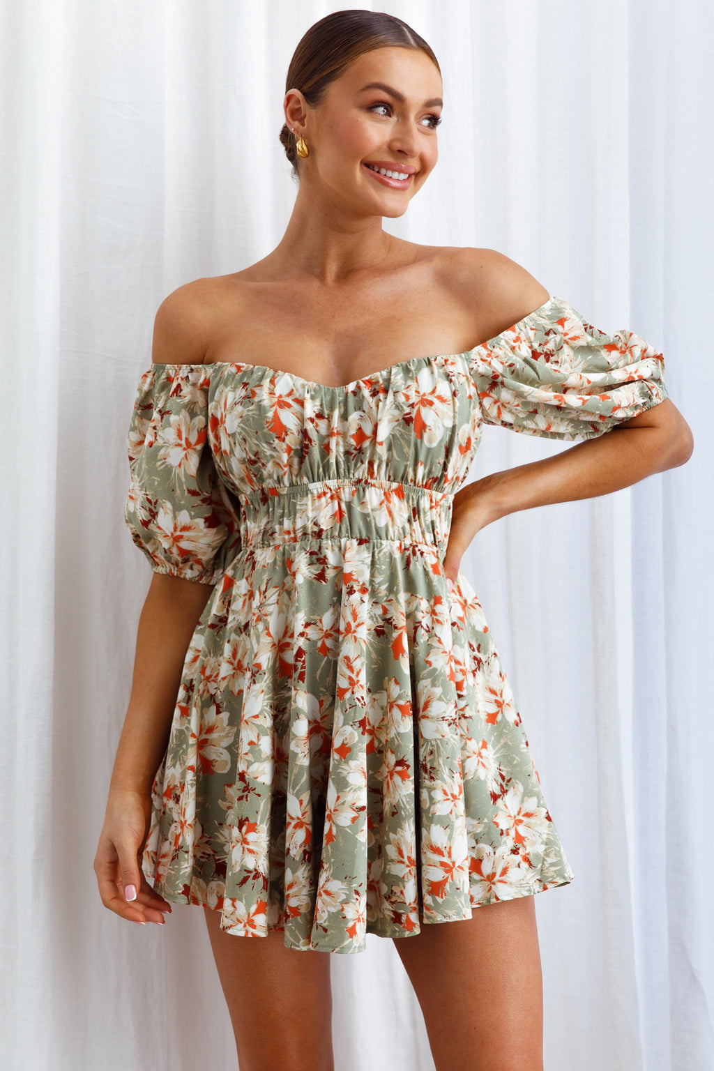 Chasing Sunsets Off-Shoulder Mini Dress Floral Green by Selfie Leslie