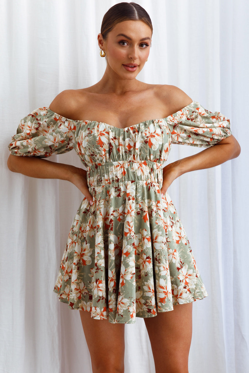 Chasing Sunsets Off-Shoulder Mini Dress Floral Green by Selfie Leslie