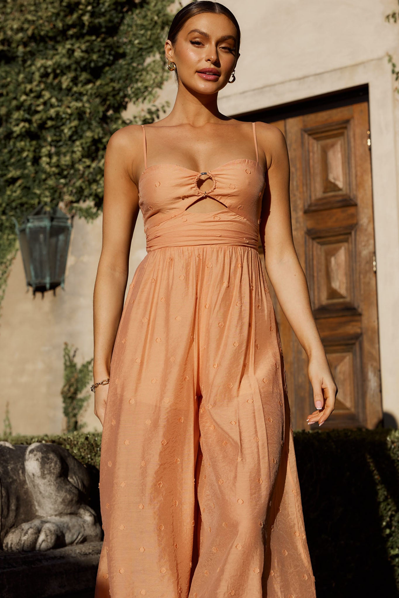 Alpha Cut-Out Bodice Textured Jumpsuit Apricot by Selfie Leslie
