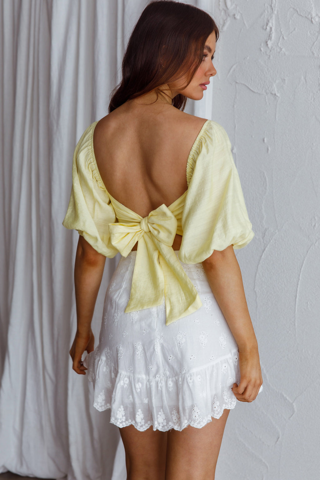 Alpha Tied Back Puff Sleeve Top Lemon by Selfie Leslie