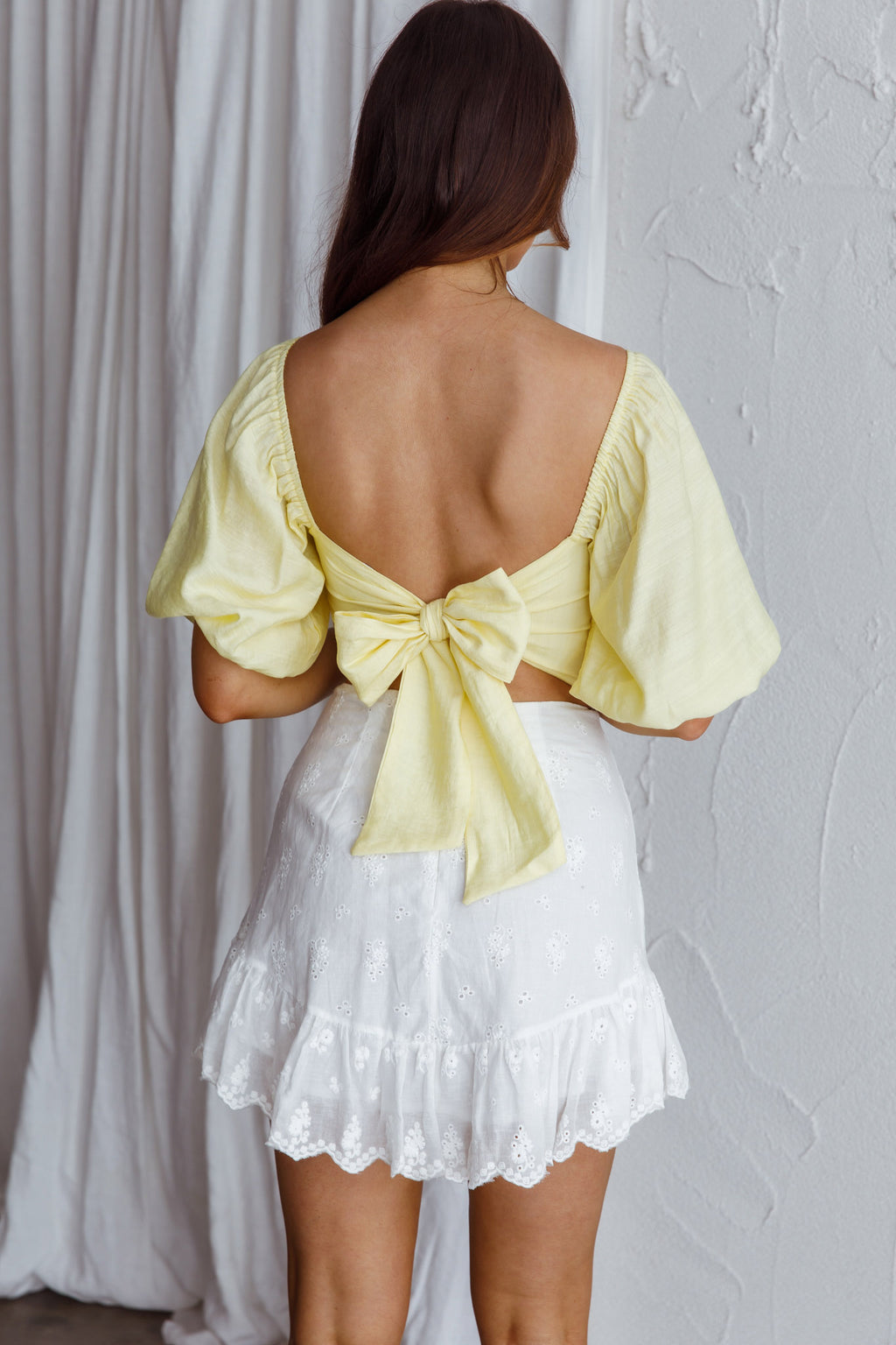 Alpha Tied Back Puff Sleeve Top Lemon by Selfie Leslie