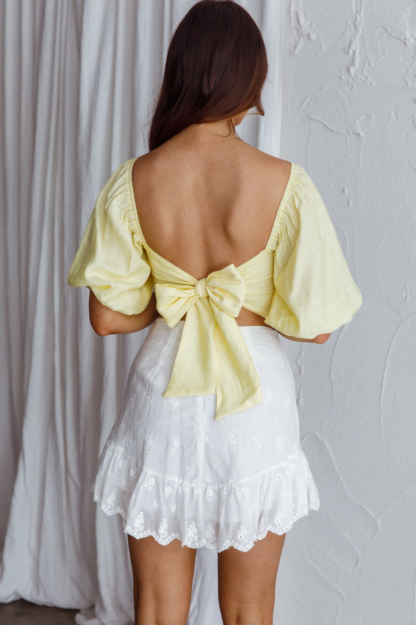 Alpha Tied Back Puff Sleeve Top Lemon by Selfie Leslie