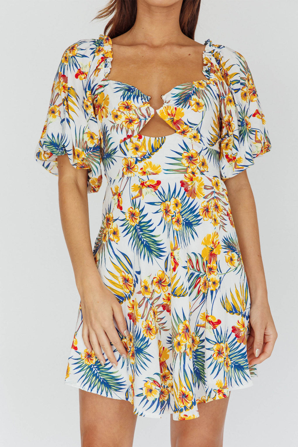 Alpha Cut-Out Bodice Mini Dress Floral White by Selfie Leslie