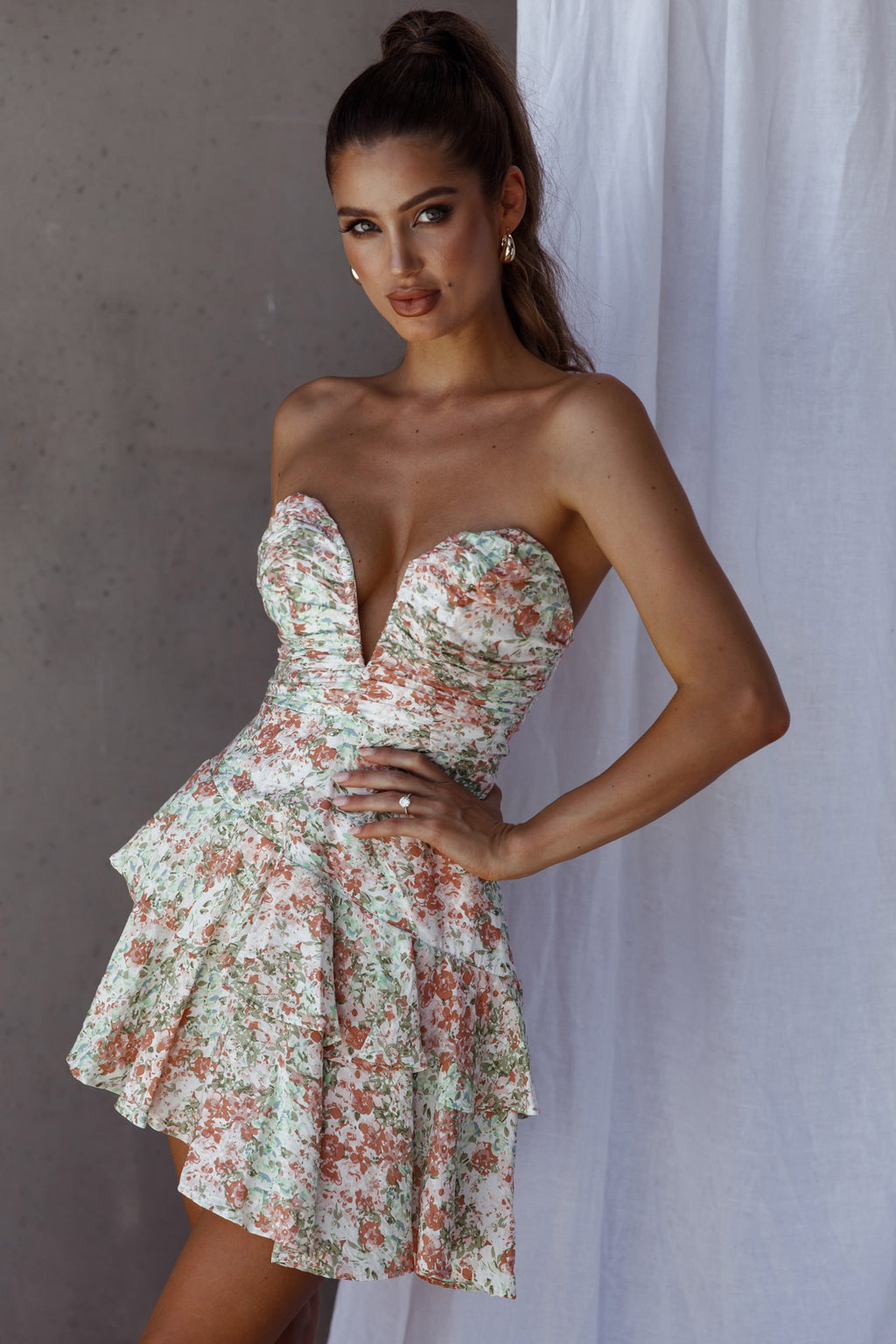 Milana Sweetheart Neckline Asymmetrical Dress Floral White by Selfie Leslie