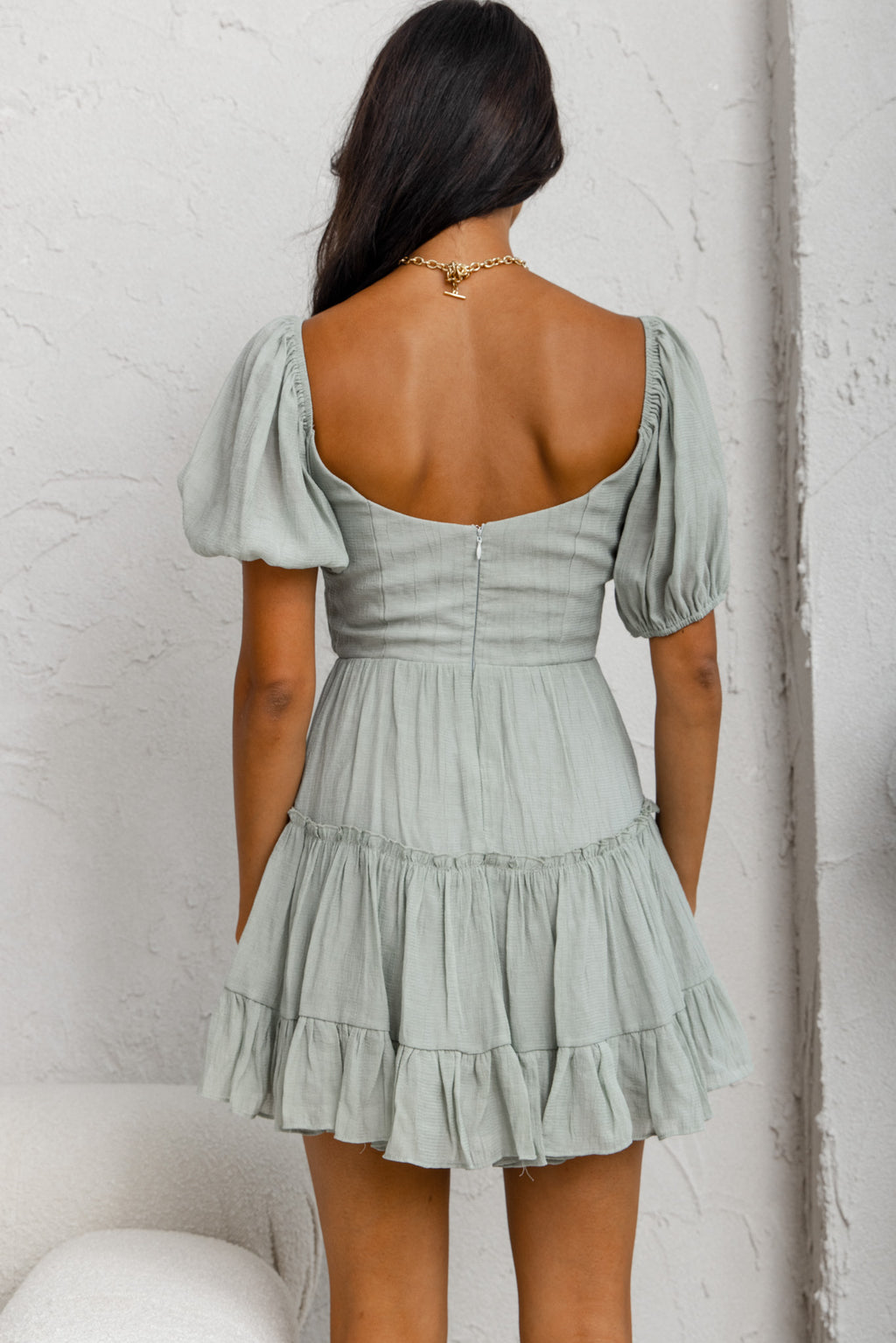 Camille Gathered Bodice Puff Sleeve Flounce Hem Mini Dress Sage by Selfie Leslie
